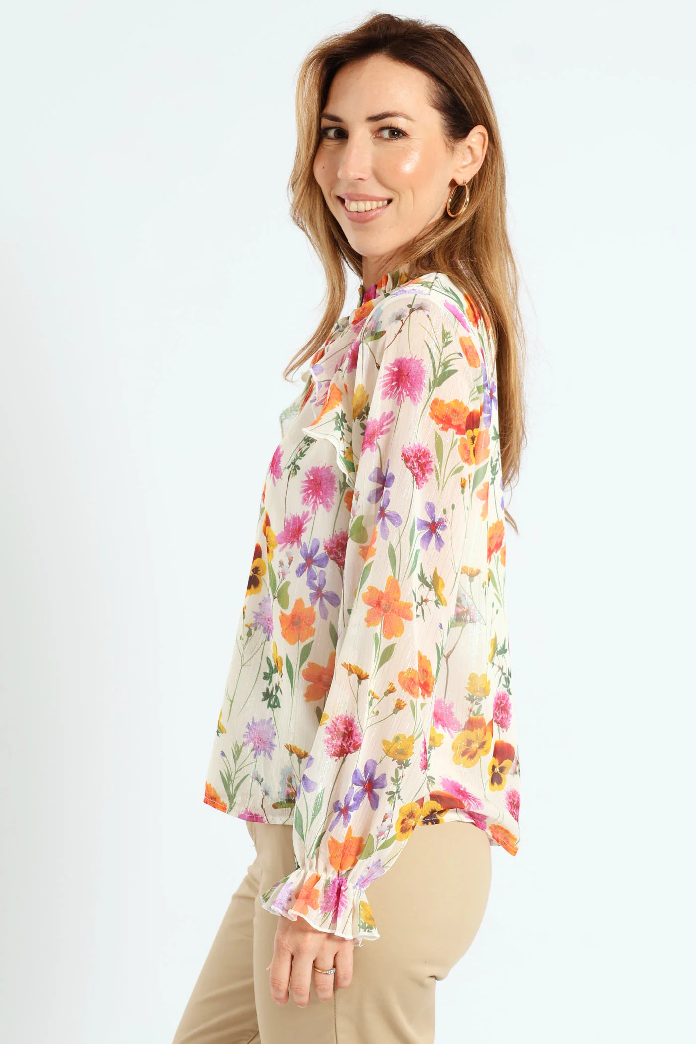 Peasant Tie Up Frill Blouse - Cream - Image 3