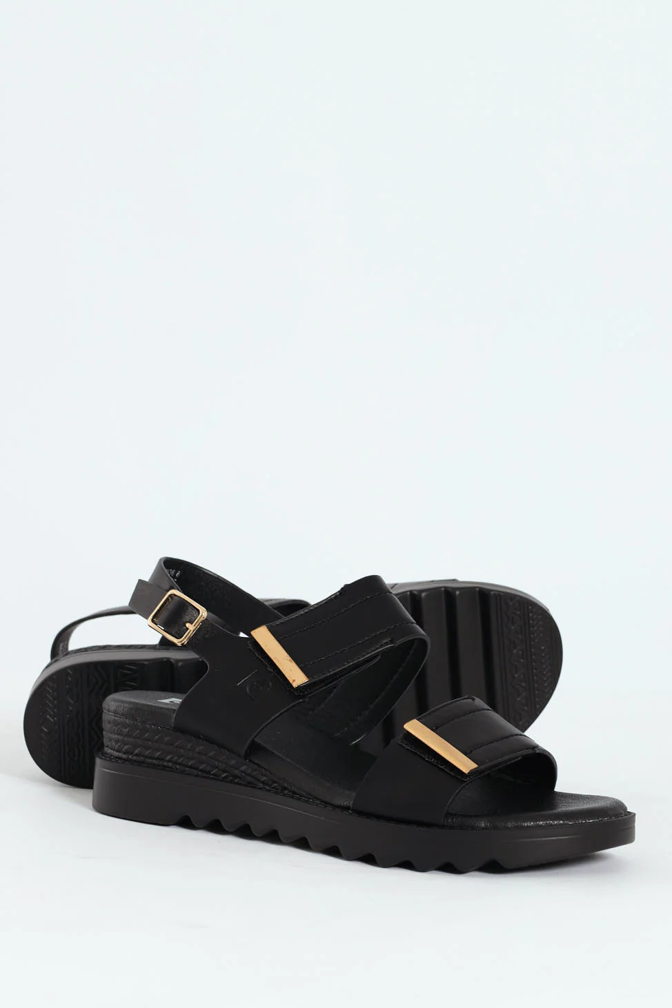 Pertel Double Strap Sport Sandal With Gold Trim - Black - Image 3
