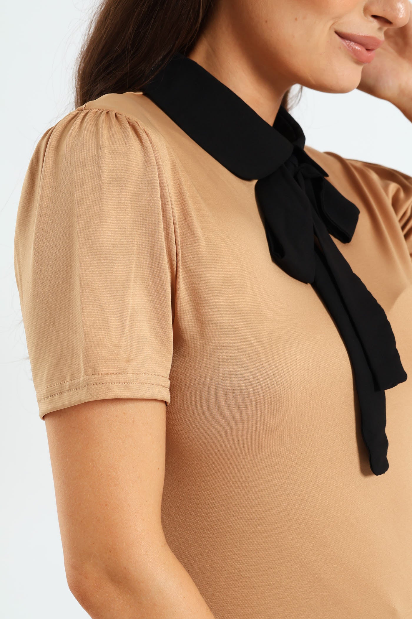 Peter Pan Preppy Tie Up Blouse - Taupe - Image 2
