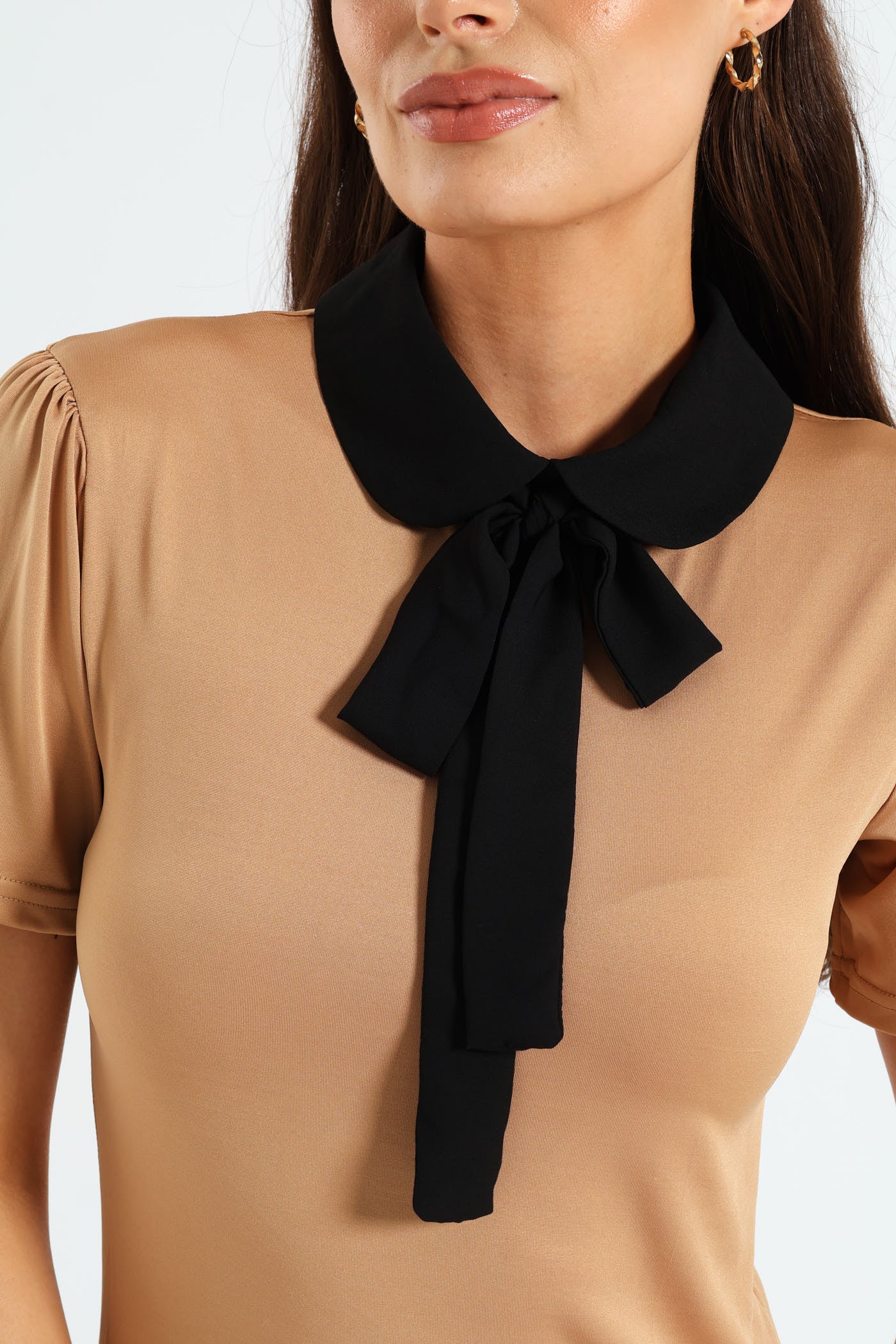 Peter Pan Preppy Tie Up Blouse - Taupe - Image 5