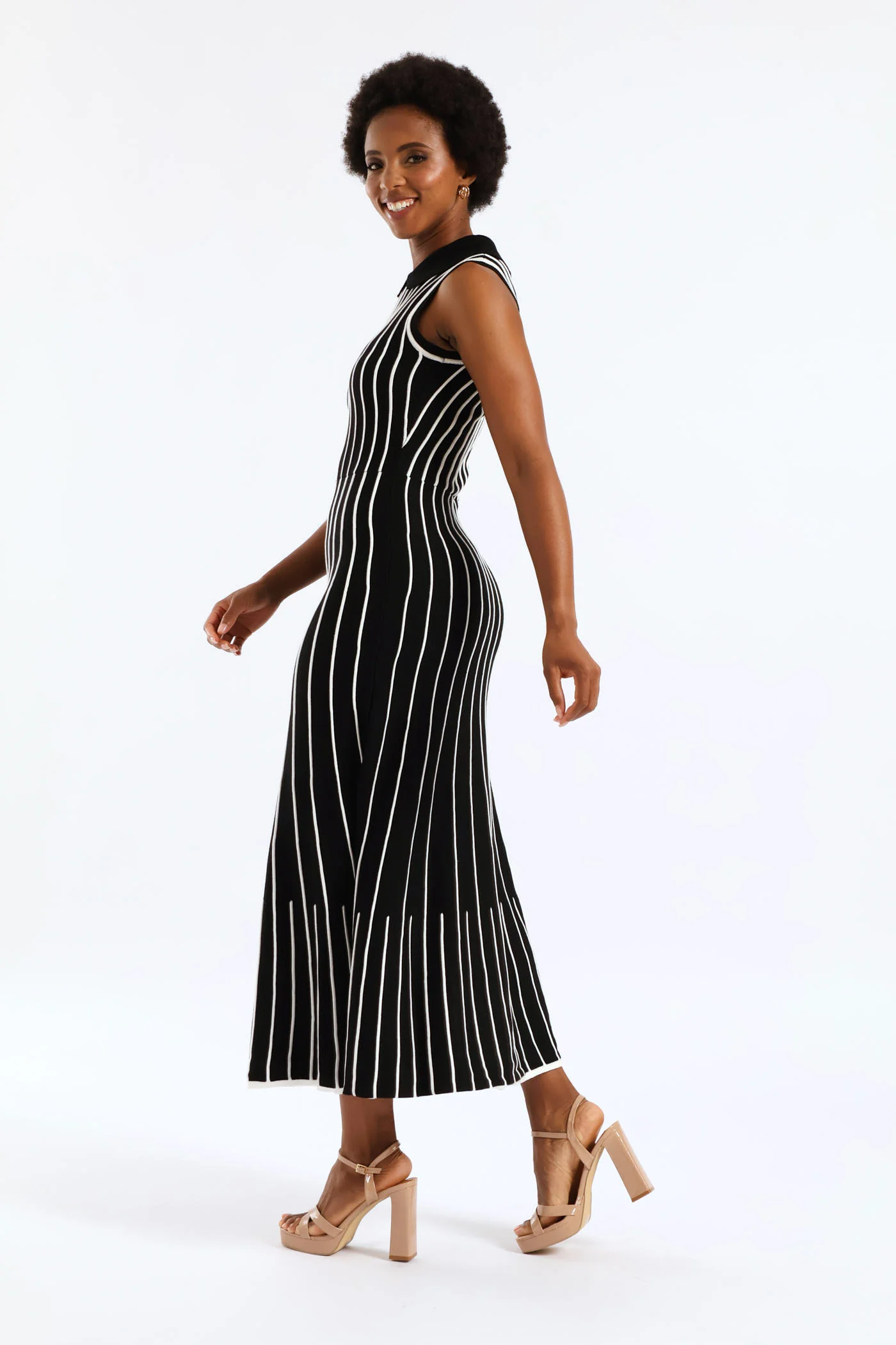 Peterpan Contrast Knitwear Midi Dress - Cream/Black - Image 2