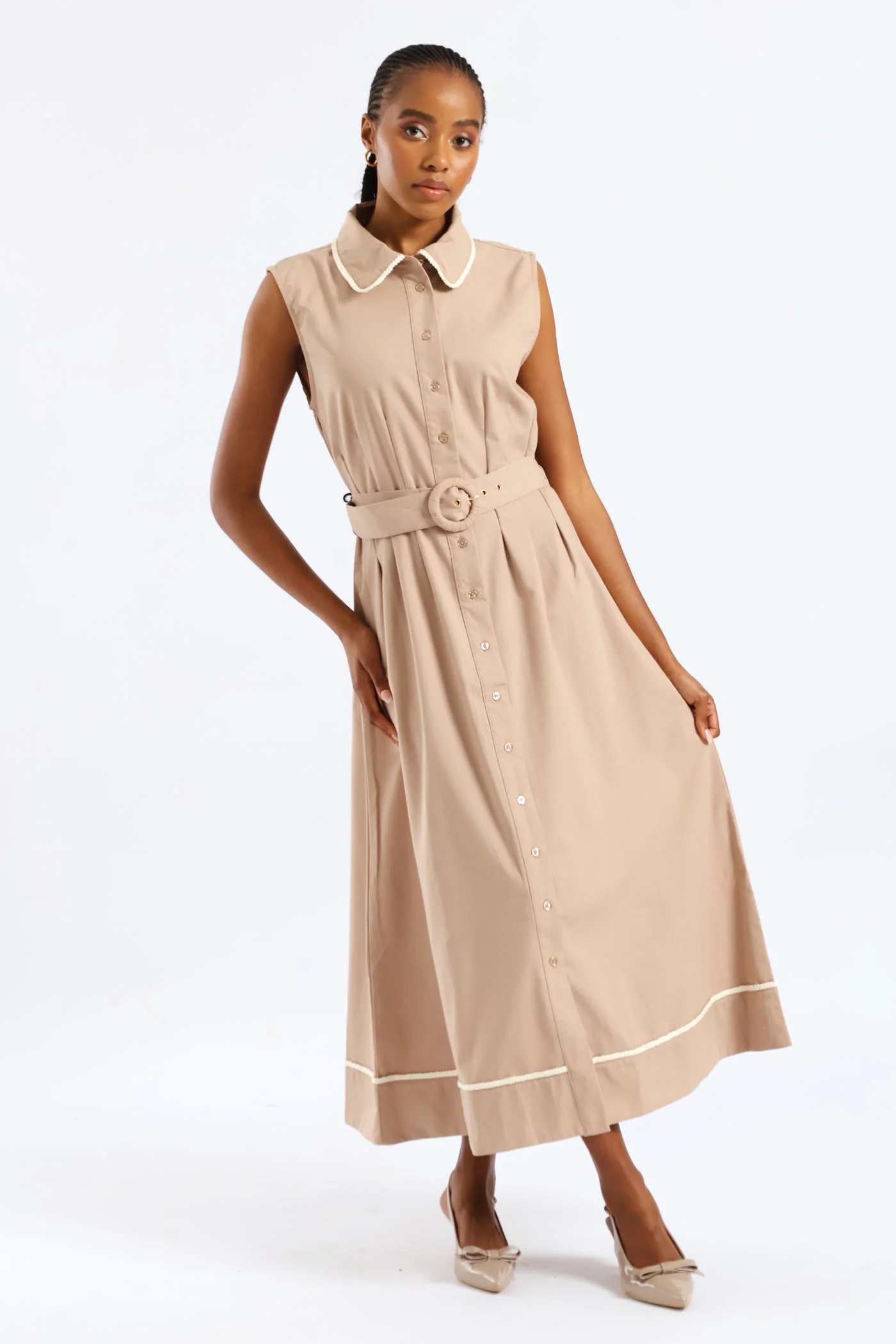 Peterpan Darted Waisted Maxi Dress - Taupe/Cream - Image 2