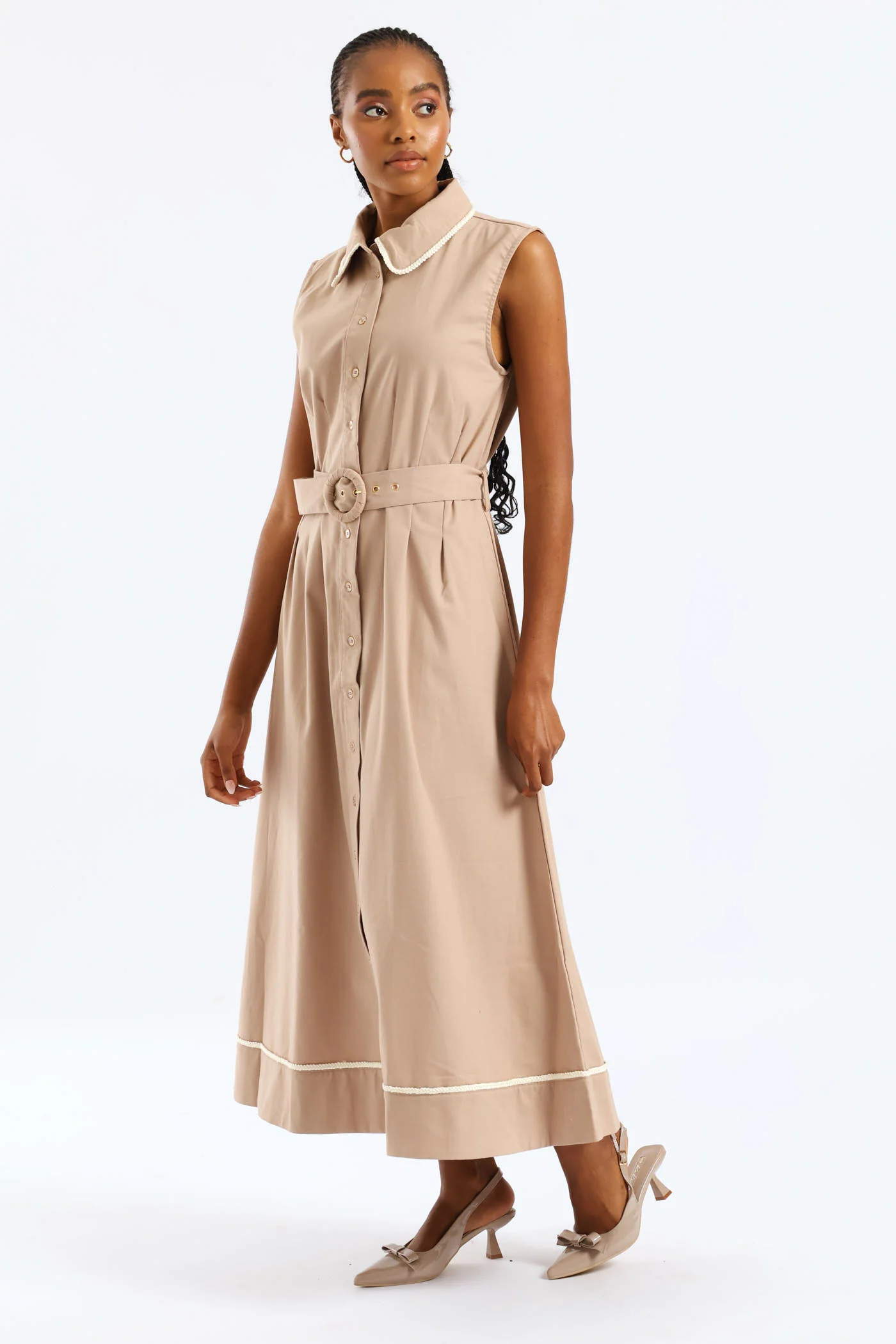 Peterpan Darted Waisted Maxi Dress - Taupe/Cream - Image 6
