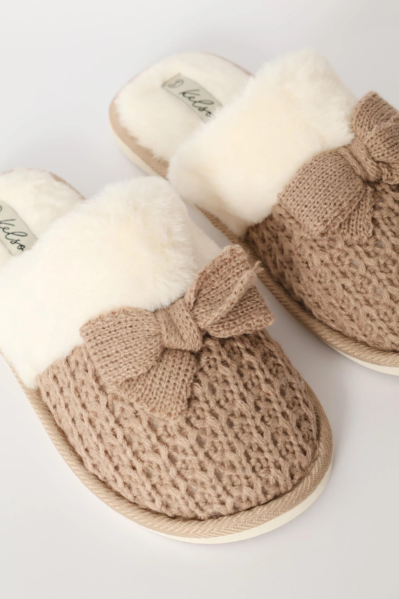 Petersham Bow Detail & Crochet Upper Slipper - Stone - Image 2