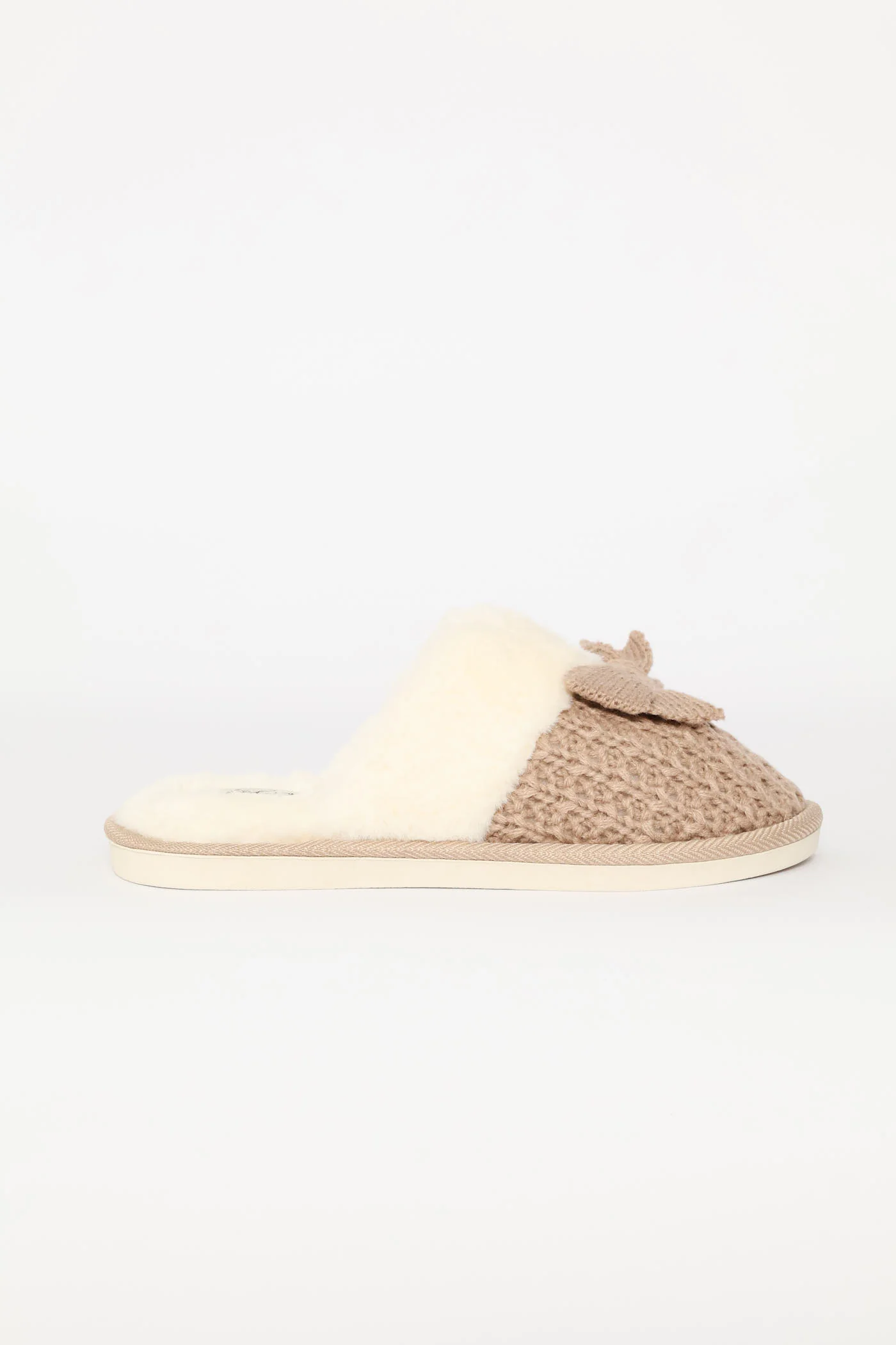 Petersham Bow Detail & Crochet Upper Slipper - Stone - Image 3
