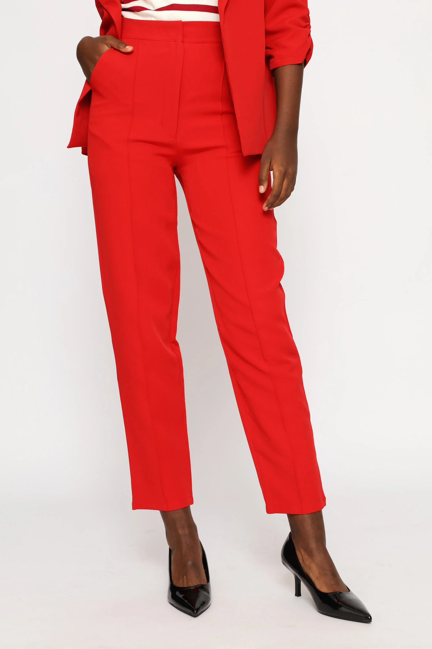 Pin Tuck Concealed Button Tapered Leg Pant - Red - Image 2