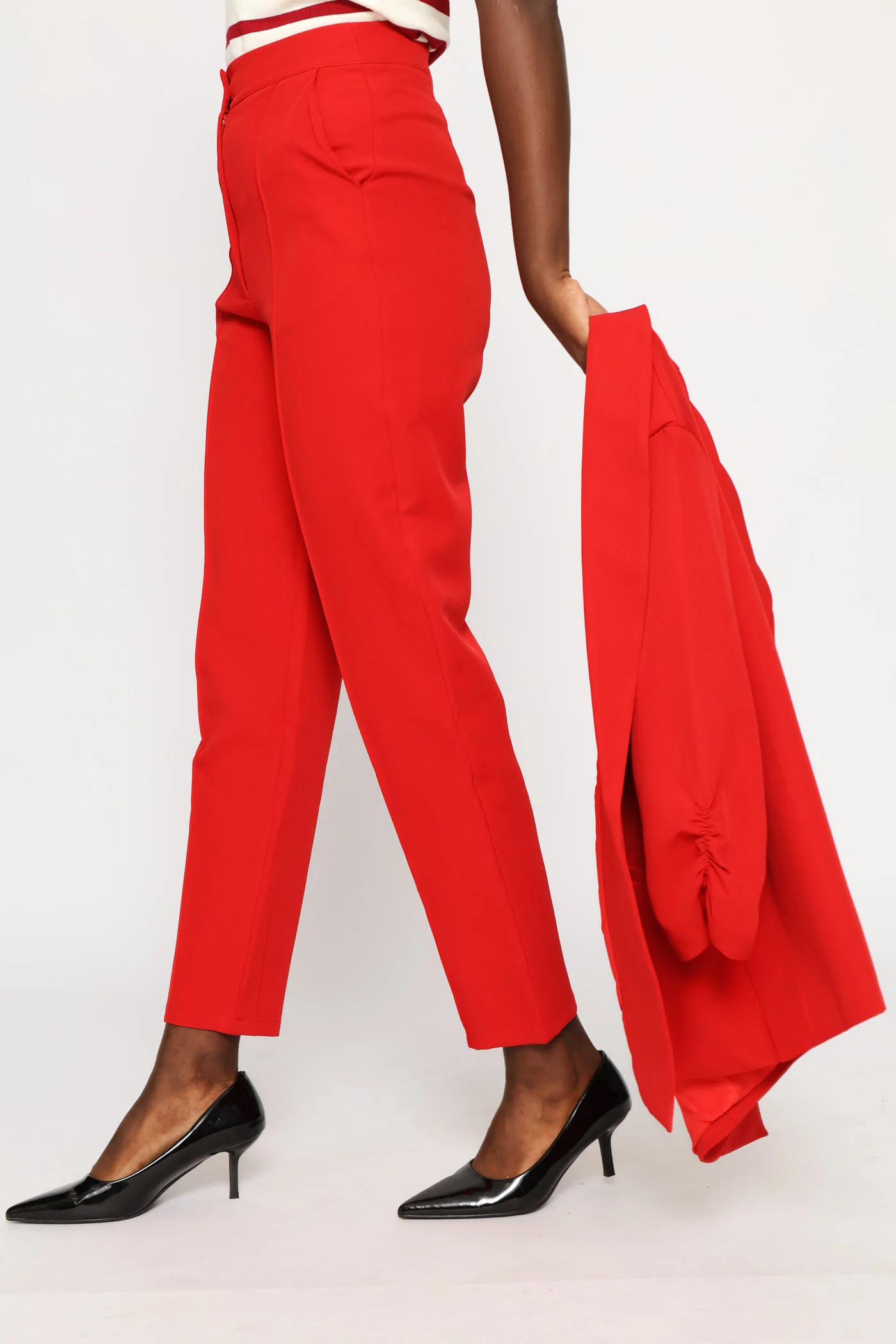 Pin Tuck Concealed Button Tapered Leg Pant - Red - Image 3
