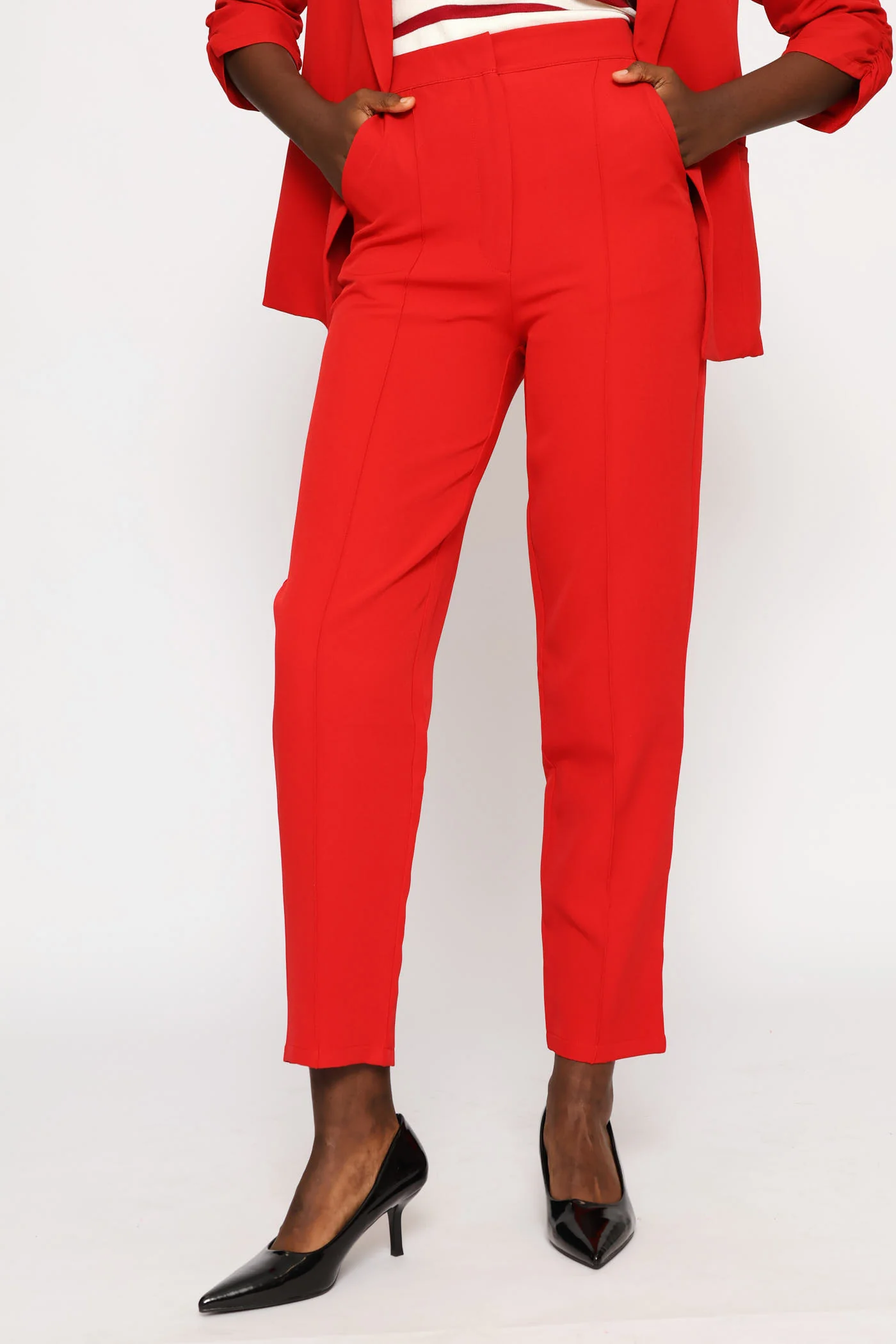 Pin Tuck Concealed Button Tapered Leg Pant - Red - Image 5