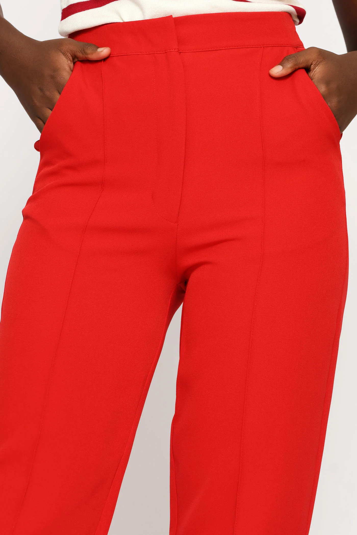 Pin Tuck Concealed Button Tapered Leg Pant - Red - Image 6