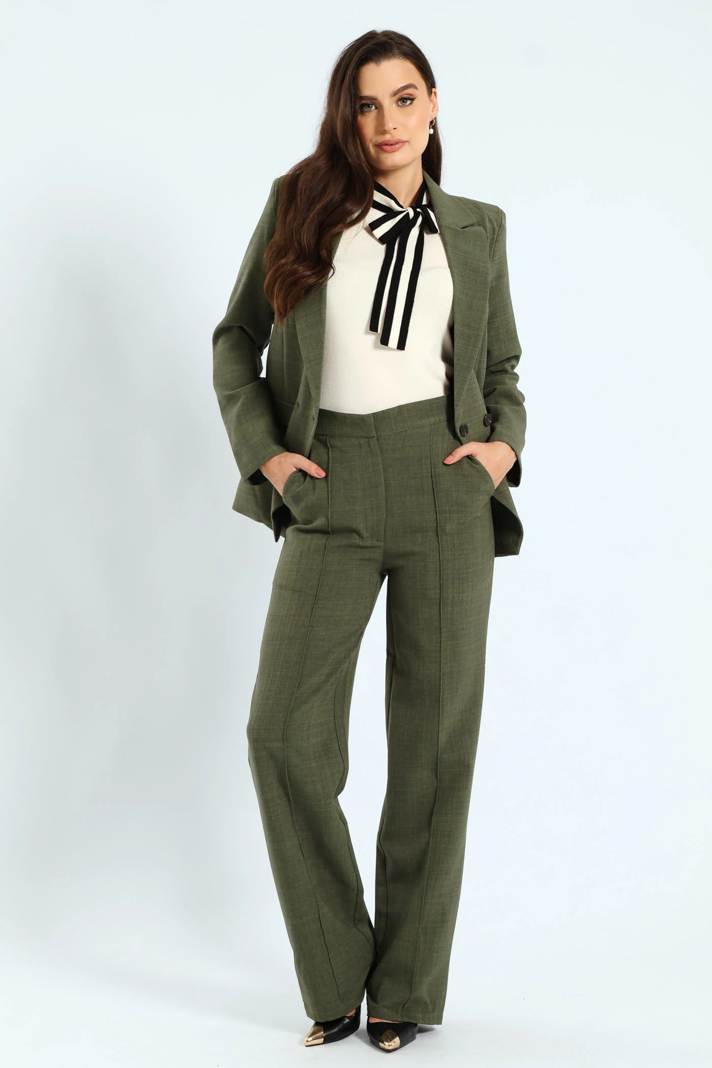 Pin Tuck Linen Blend Straight Leg Pant - Olive - Image 2