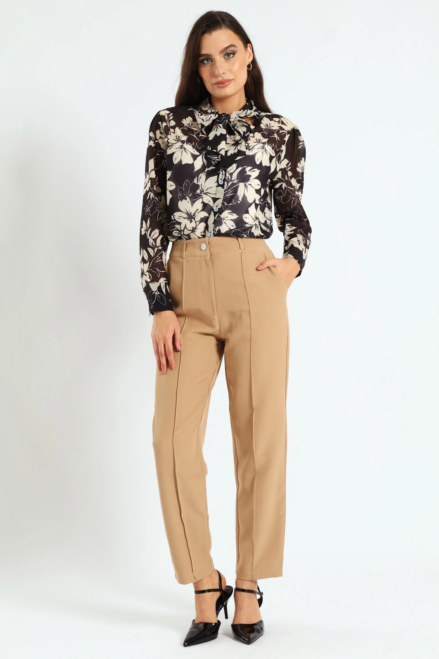 Pin Tuck Slim Leg Pant - Latte - Image 2