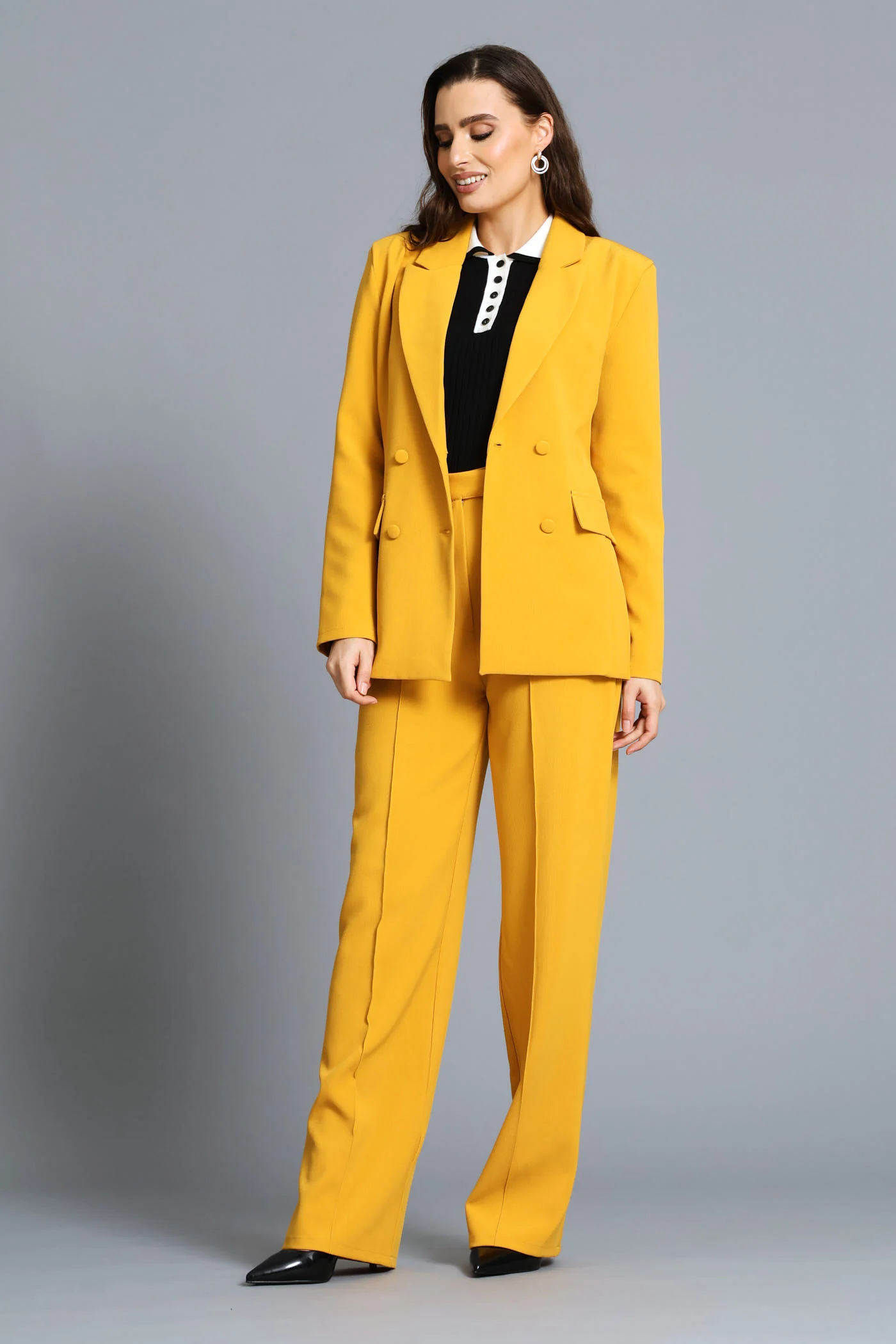 Double Breasted Covered Button Blazer - Mustard - Image 6
