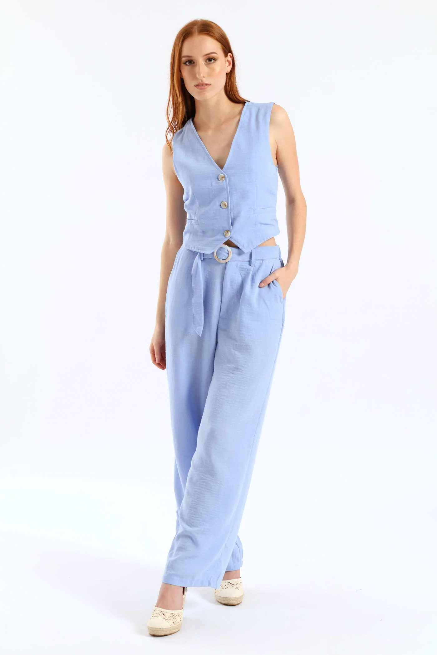 Pinched Seam O-Ring Self Belt Wideleg Pant - Periwinkle - Image 2