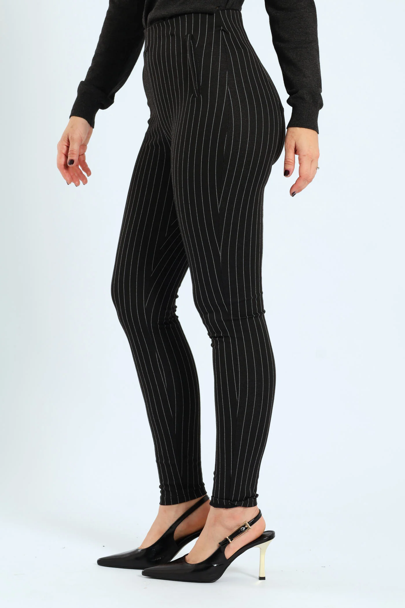 Pinstripe Ponte Skinny Pants - Black/Grey - Image 2