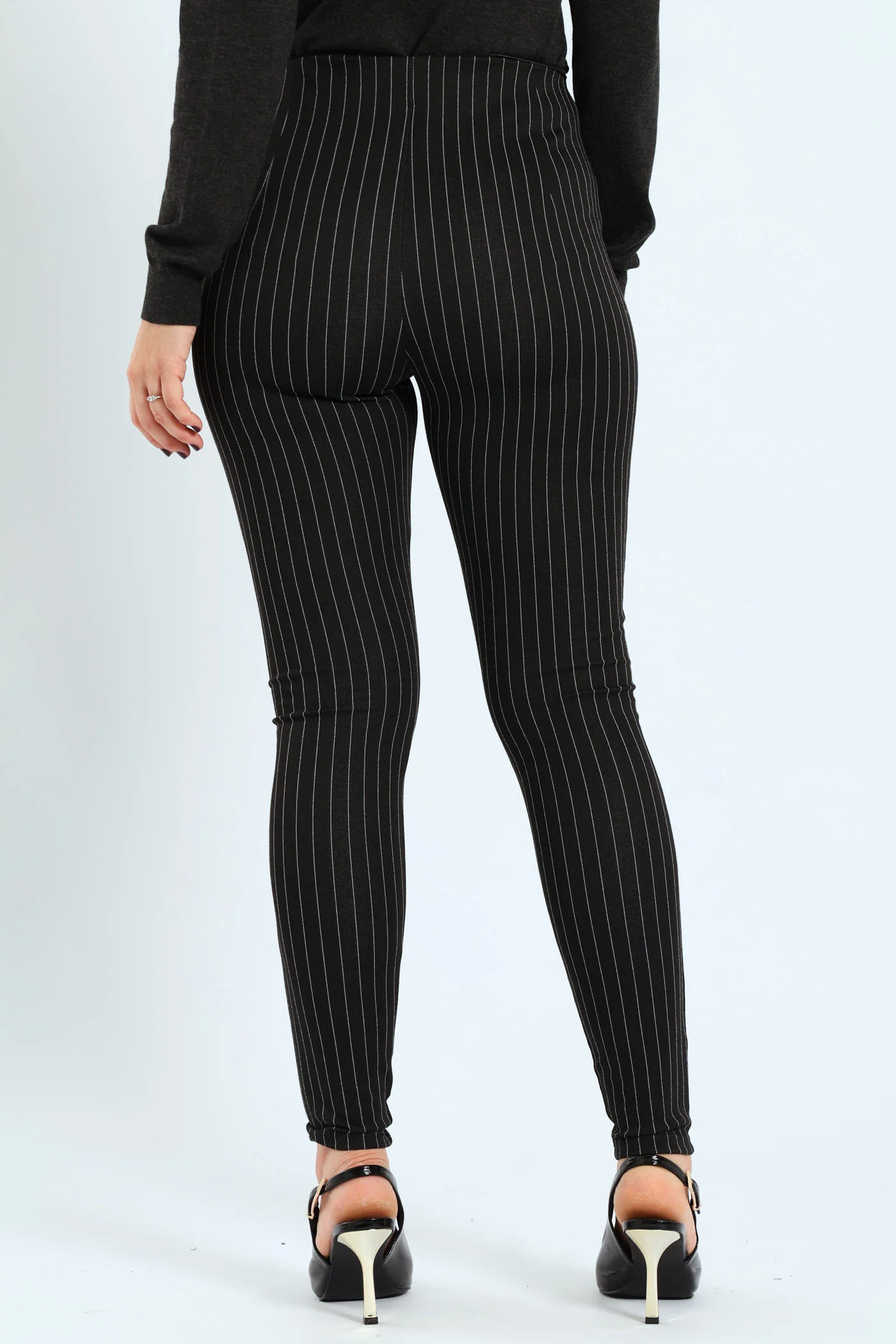 Pinstripe Ponte Skinny Pants - Black/Grey - Image 3