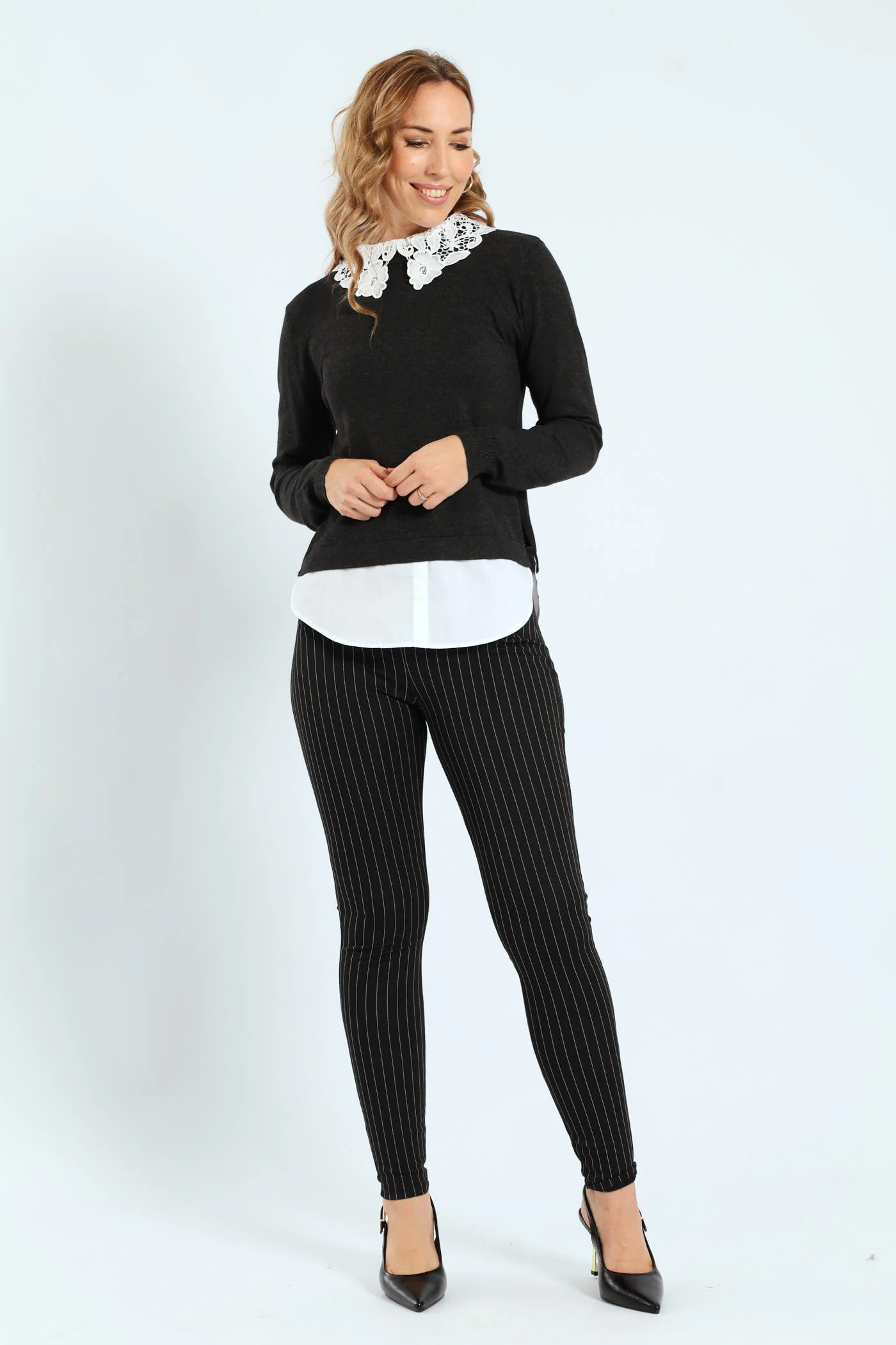 Pinstripe Ponte Skinny Pants - Black/Grey - Image 4