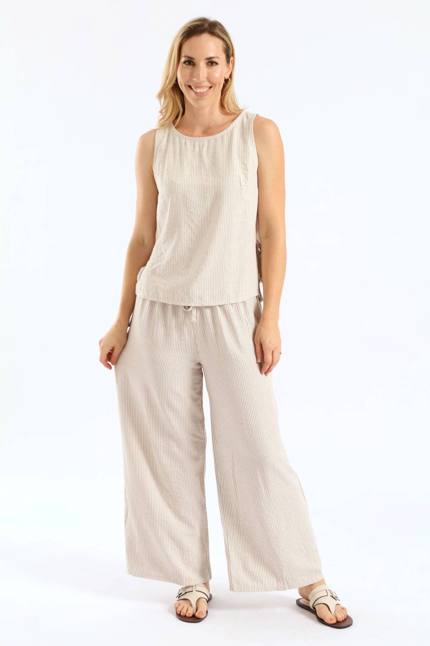 Pinstripe Shell Side Ties Tank - White/Beige - Image 2