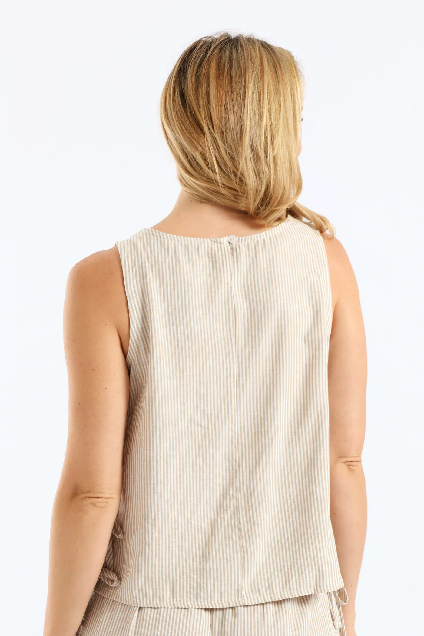 Pinstripe Shell Side Ties Tank - White/Beige - Image 4