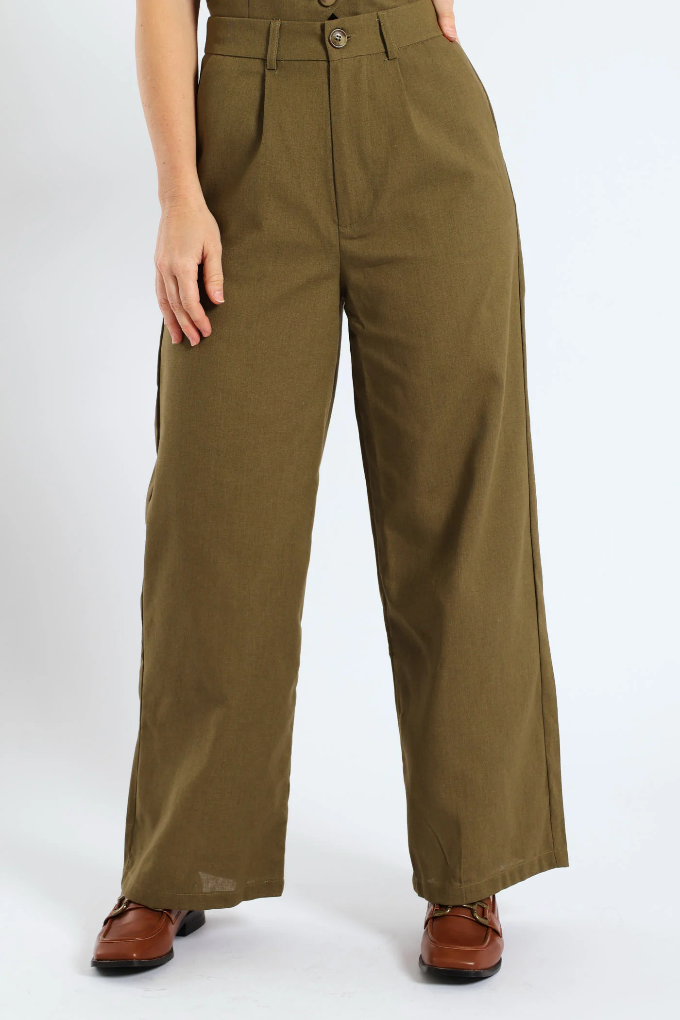 Pintuck Tailored Wide Leg Linen Pants - Burnt Olive - Image 2