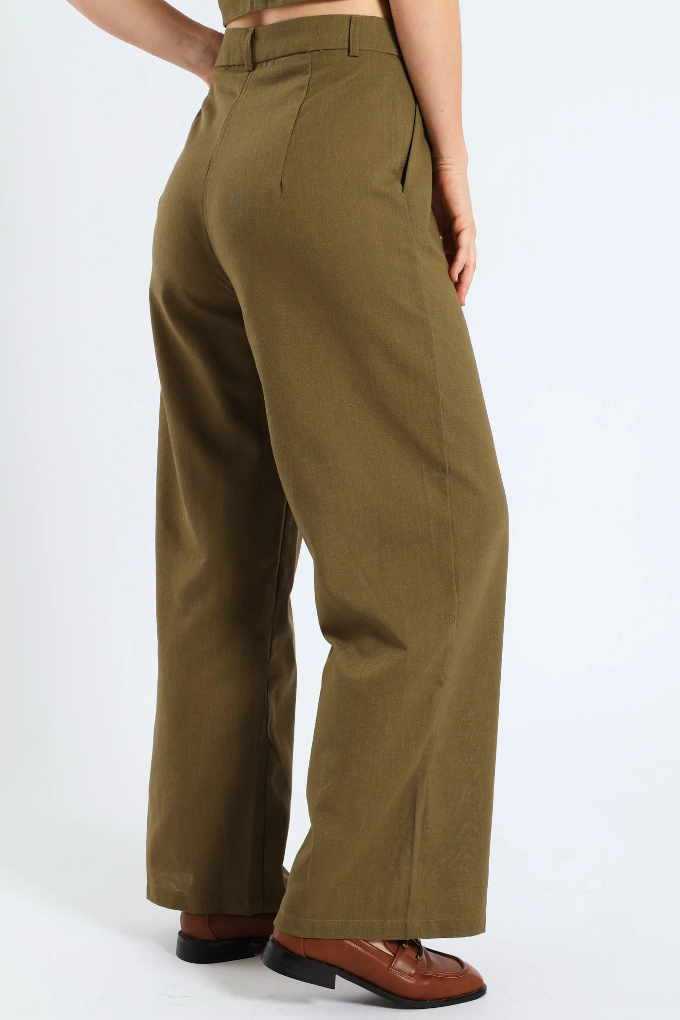 Pintuck Tailored Wide Leg Linen Pants - Burnt Olive - Image 4