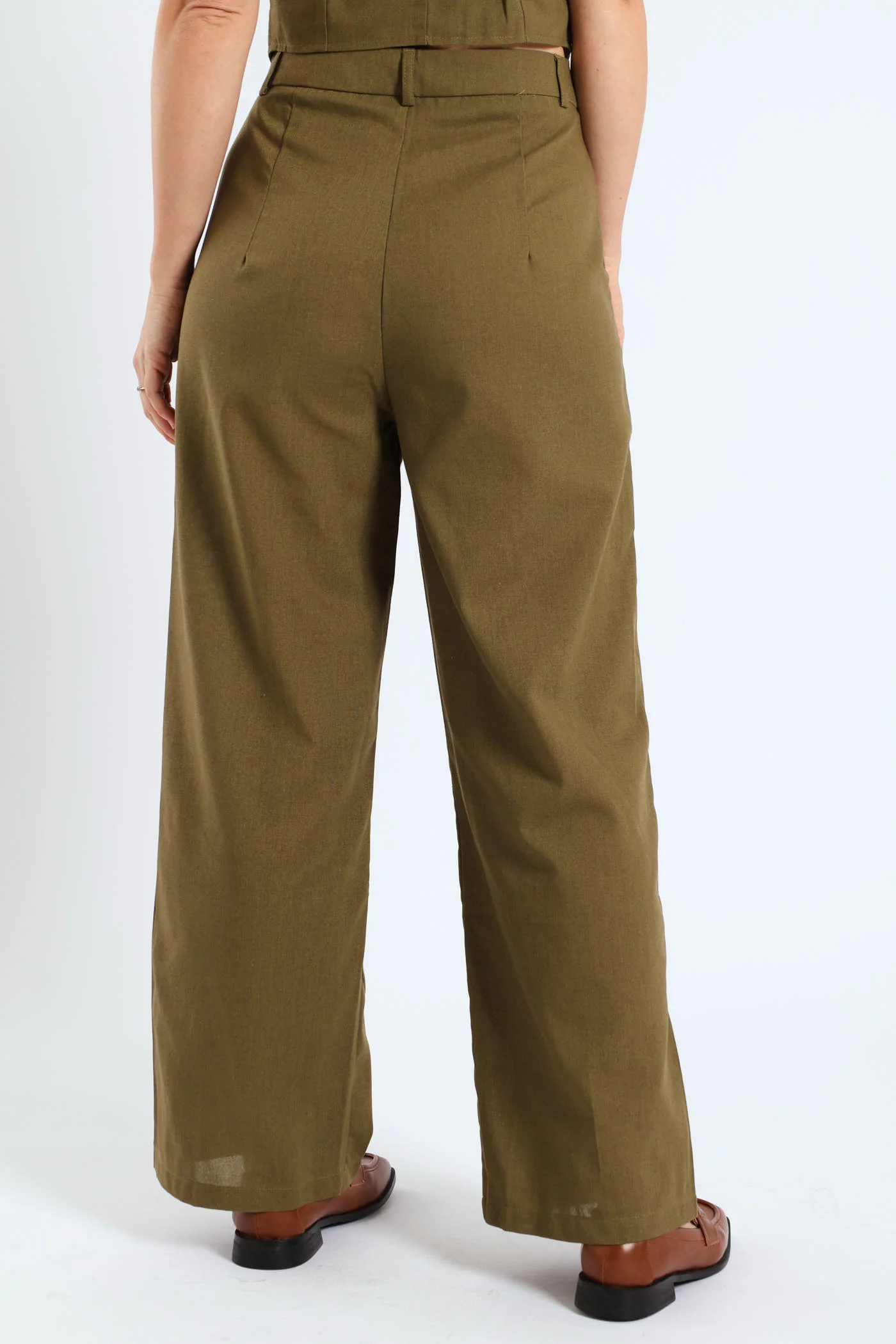 Pintuck Tailored Wide Leg Linen Pants - Burnt Olive - Image 5