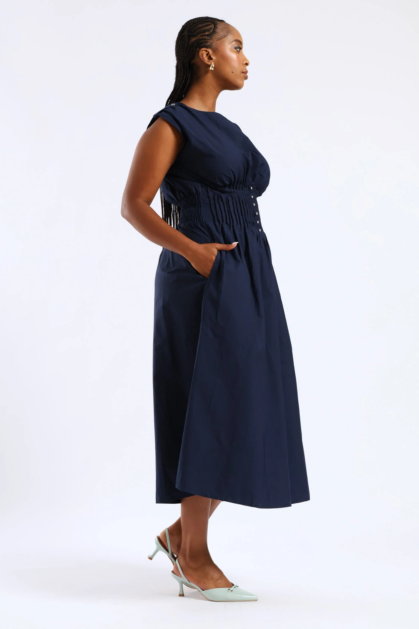 Pintuck Waist Boat Neck Fit & Flare Midaxi Dresses - Navy - Image 5
