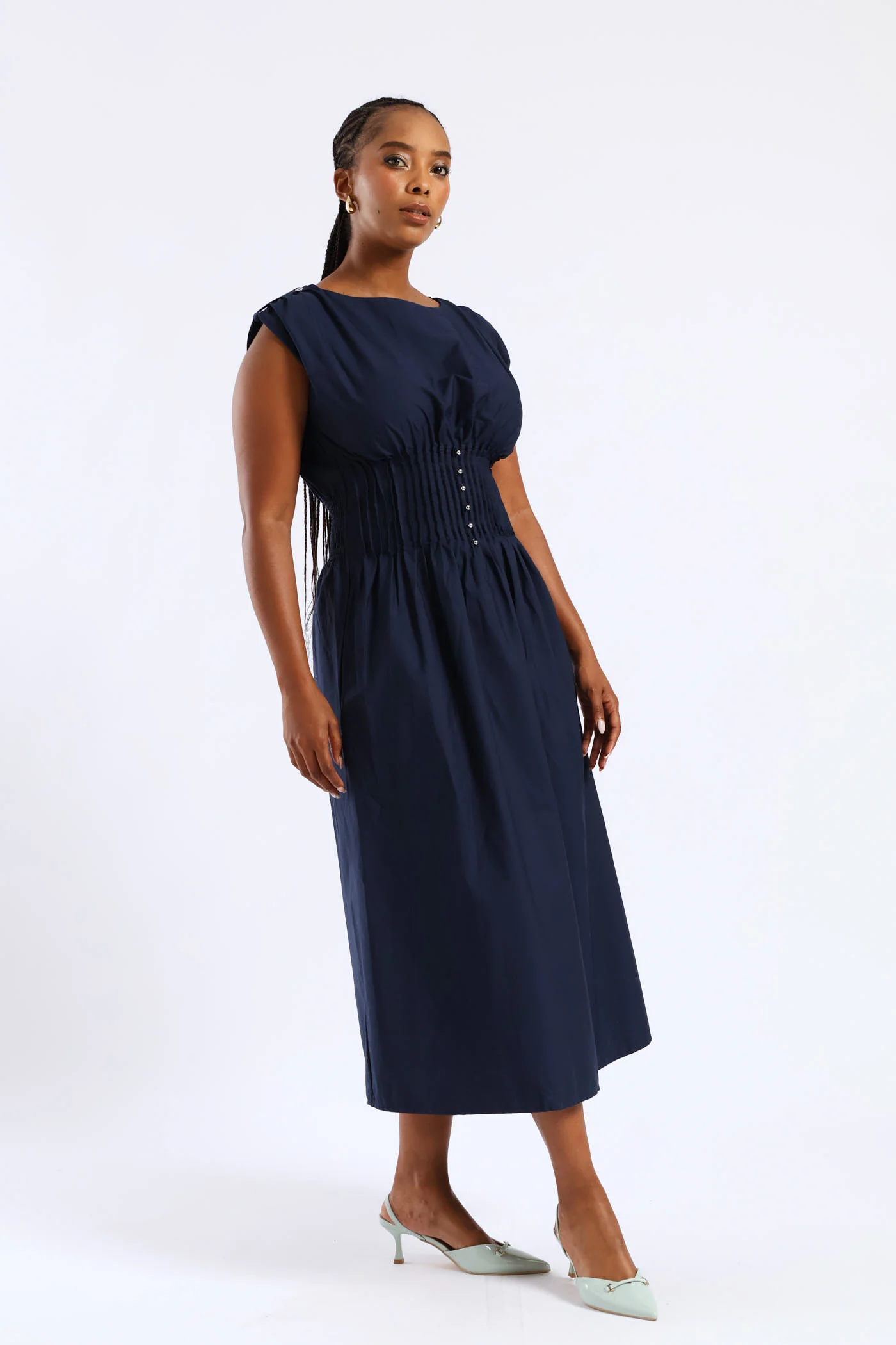 Pintuck Waist Boat Neck Fit & Flare Midaxi Dresses - Navy - Image 7