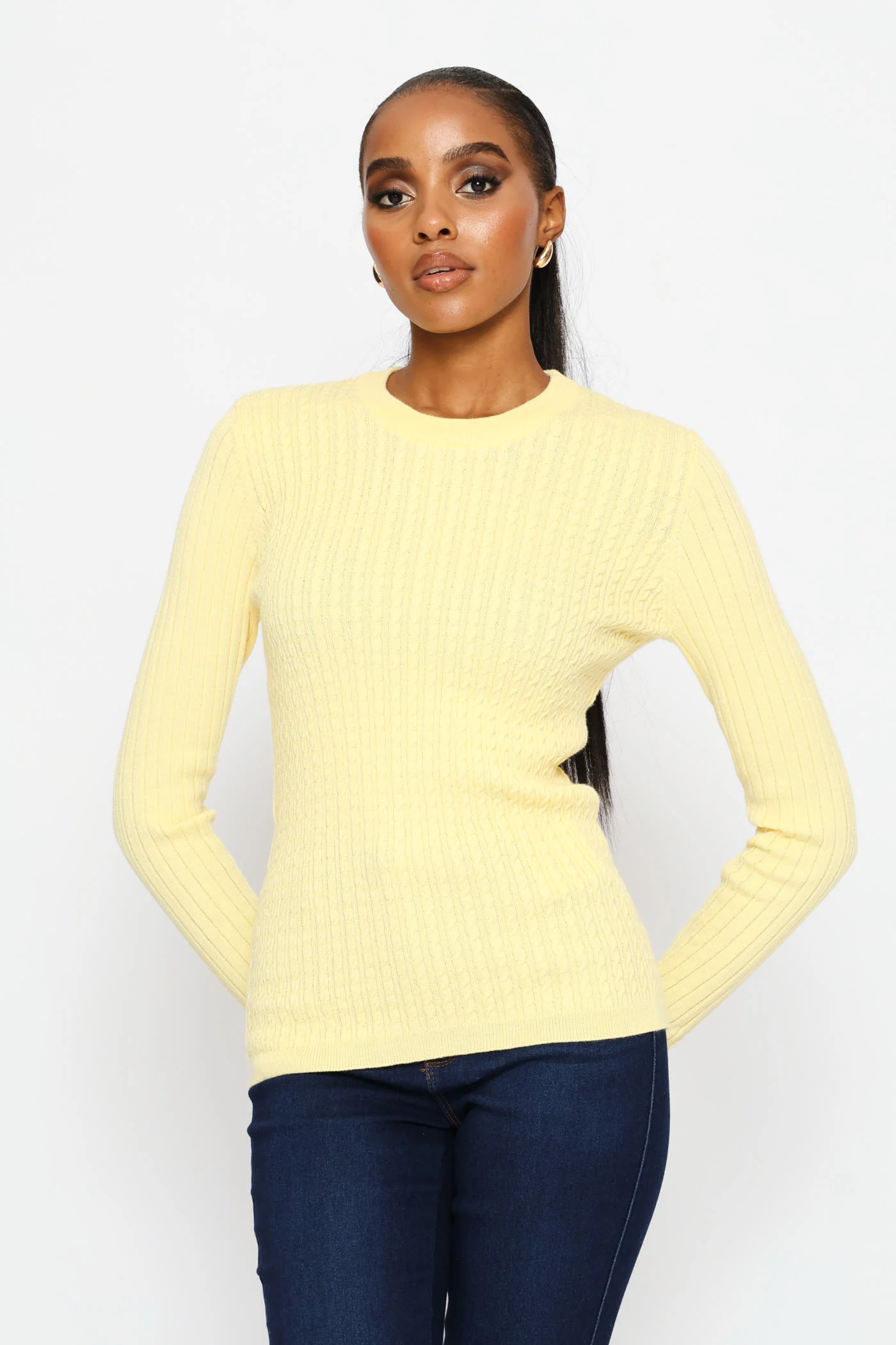 Plain Cable Pullover - Light Yellow - Image 4