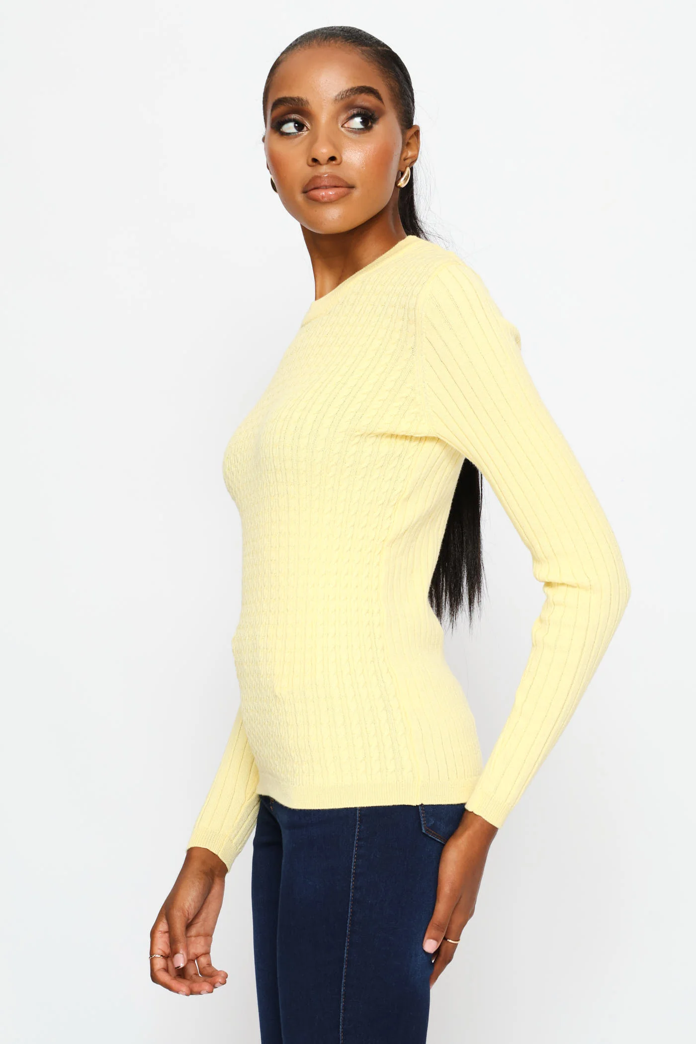 Plain Cable Pullover - Light Yellow - Image 5