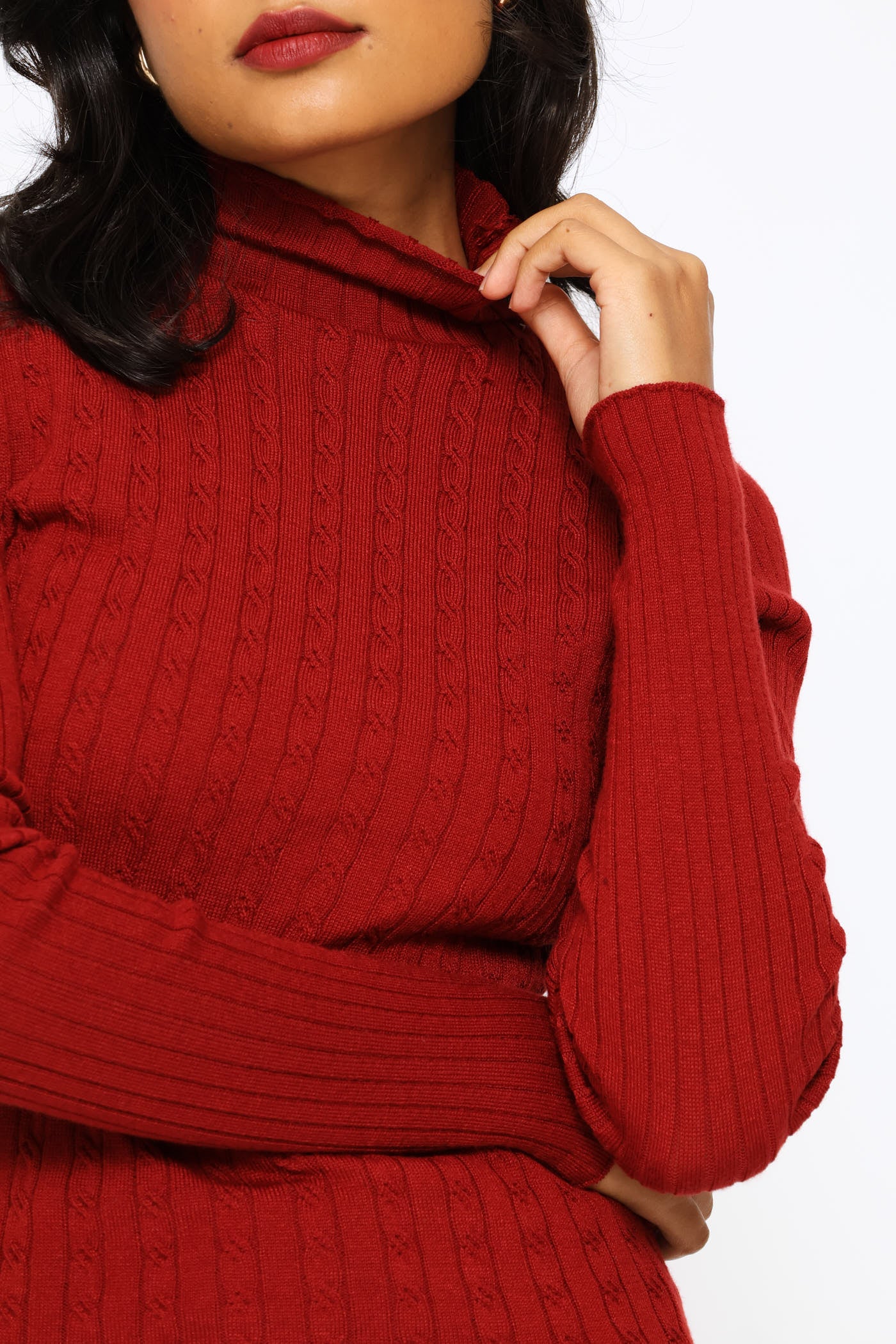 Plain Cable Turtleneck - Deep Red - Image 2