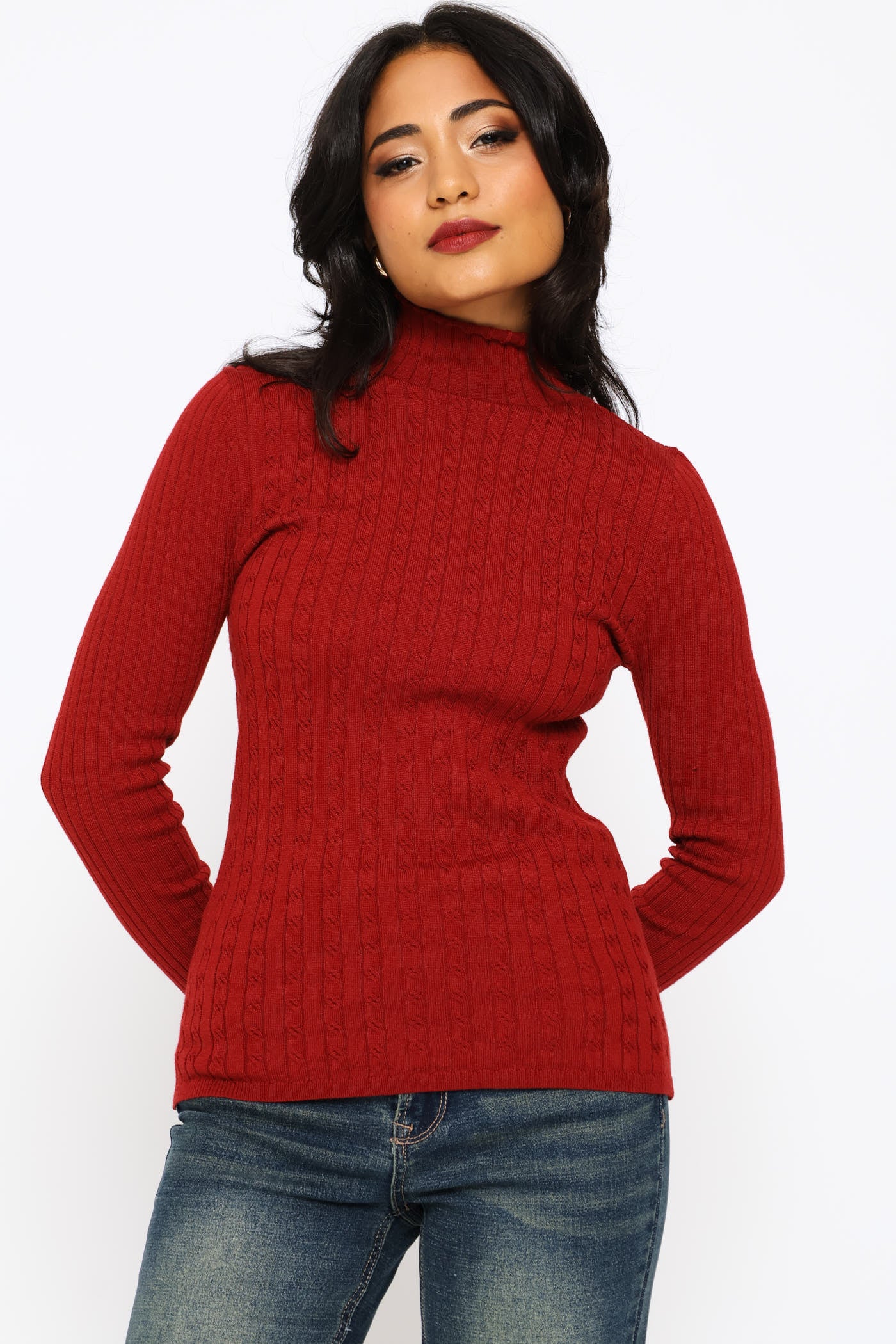 Plain Cable Turtleneck - Deep Red - Image 3