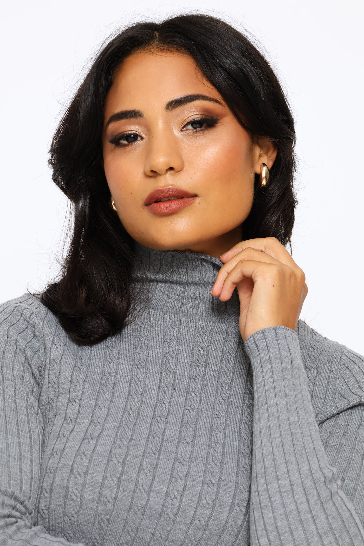 Plain Cable Turtleneck - Grey Melange - Image 2