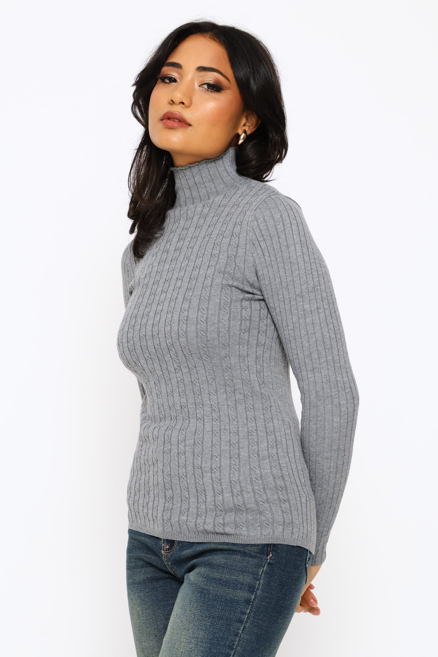 Plain Cable Turtleneck - Grey Melange - Image 3