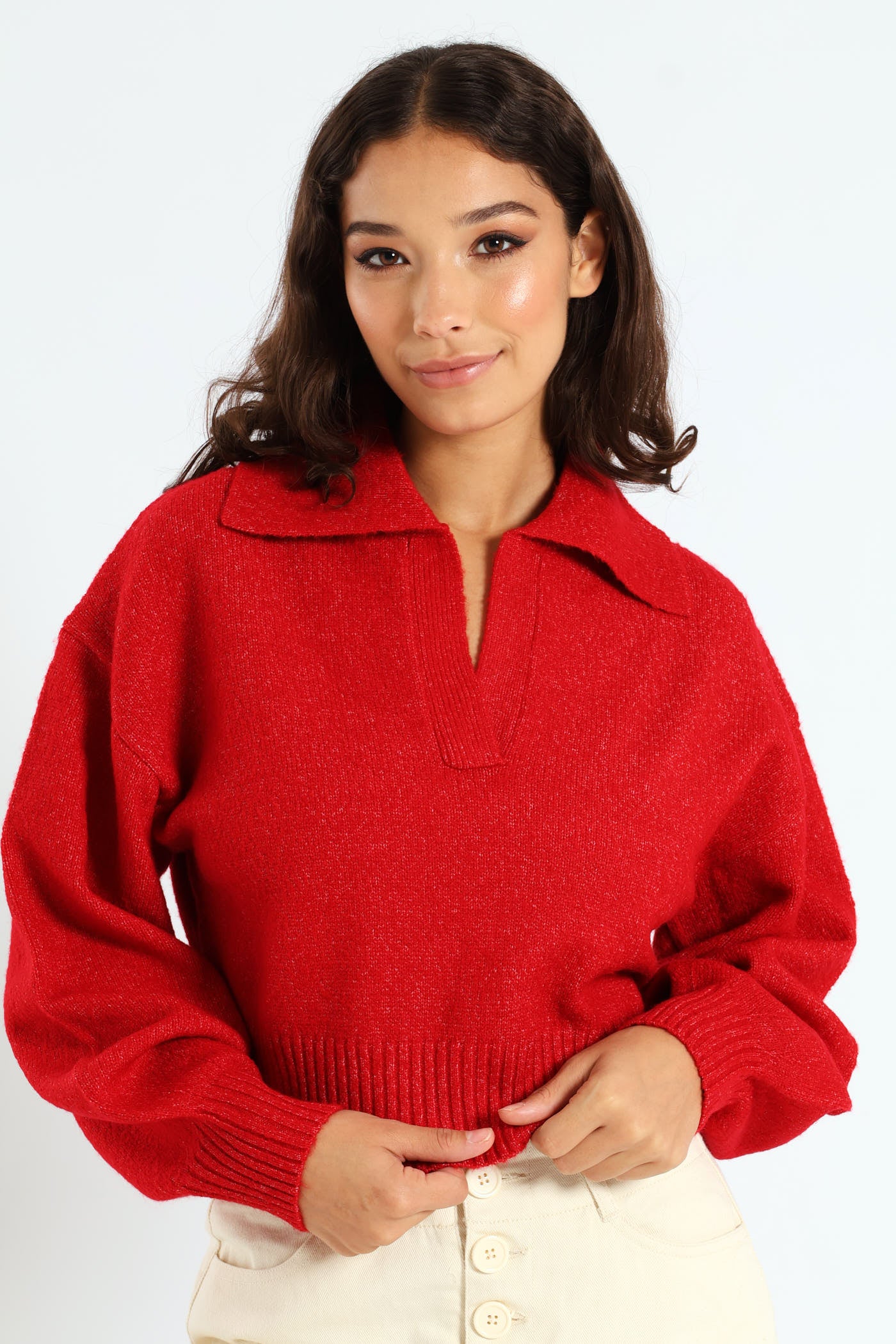Plain Collar Knitwear - Red - Image 4