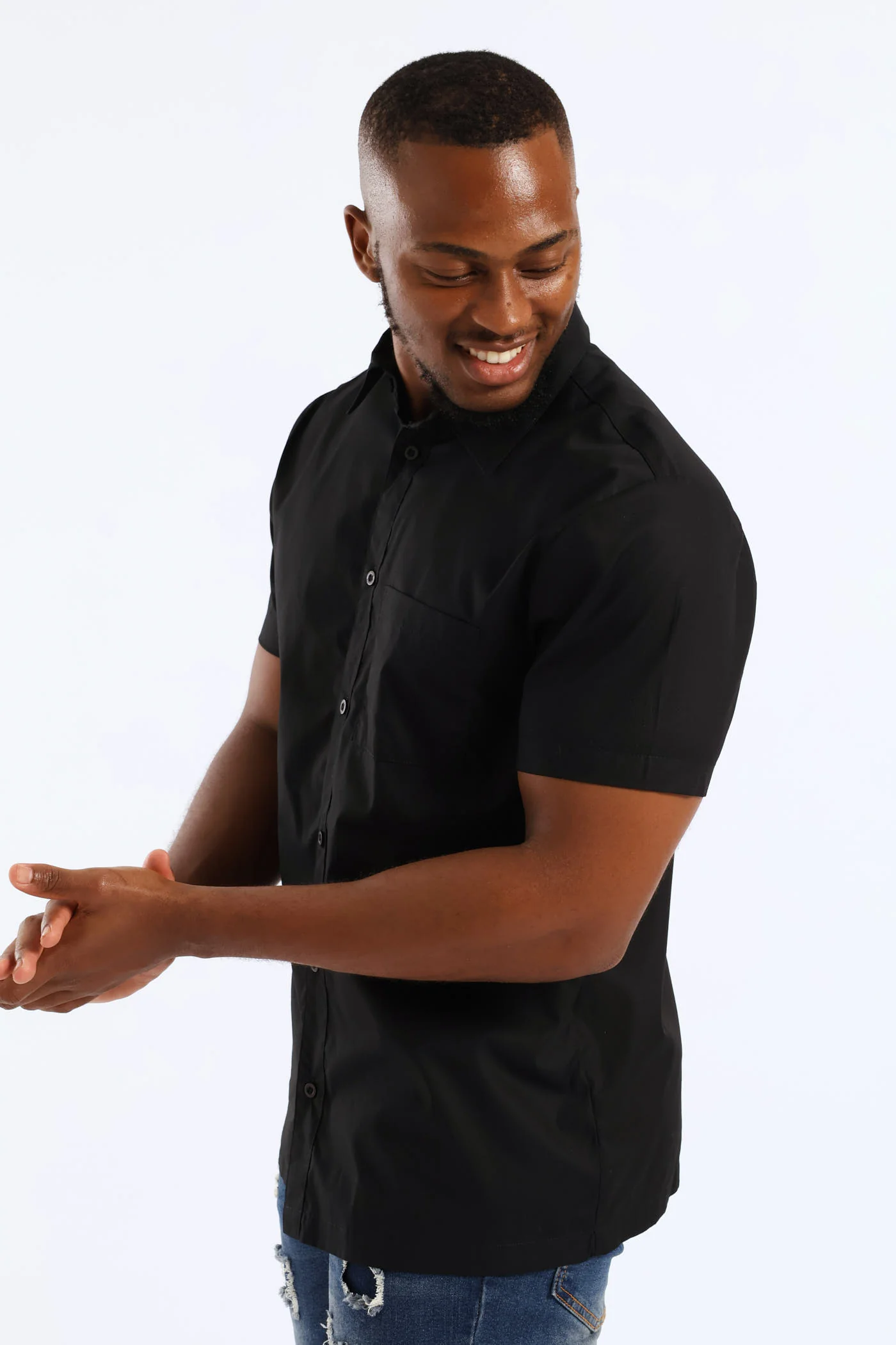 Plain Cotton Shirt - Black - Image 3