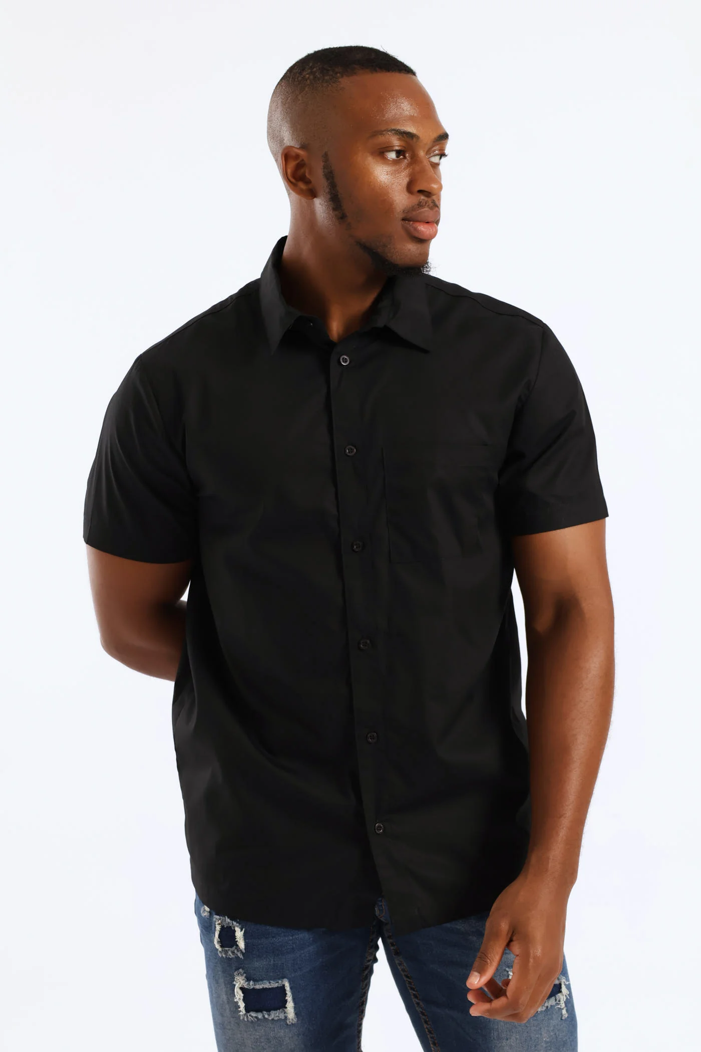 Plain Cotton Shirt - Black - Image 6