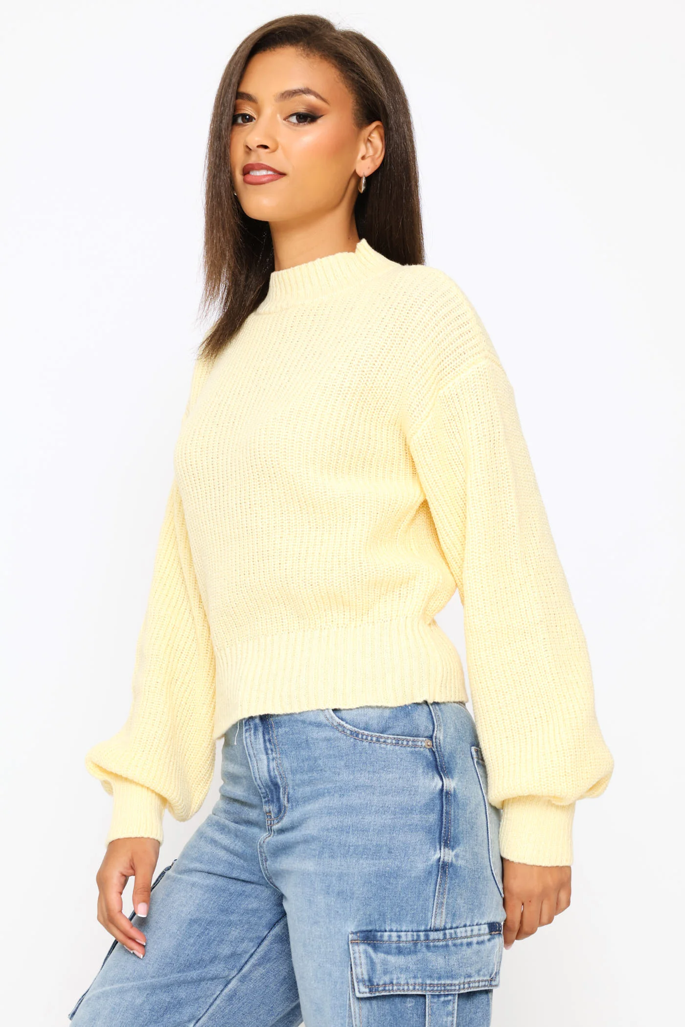 Plain  Knit Turtleneck Pullover - Yellow - Image 2