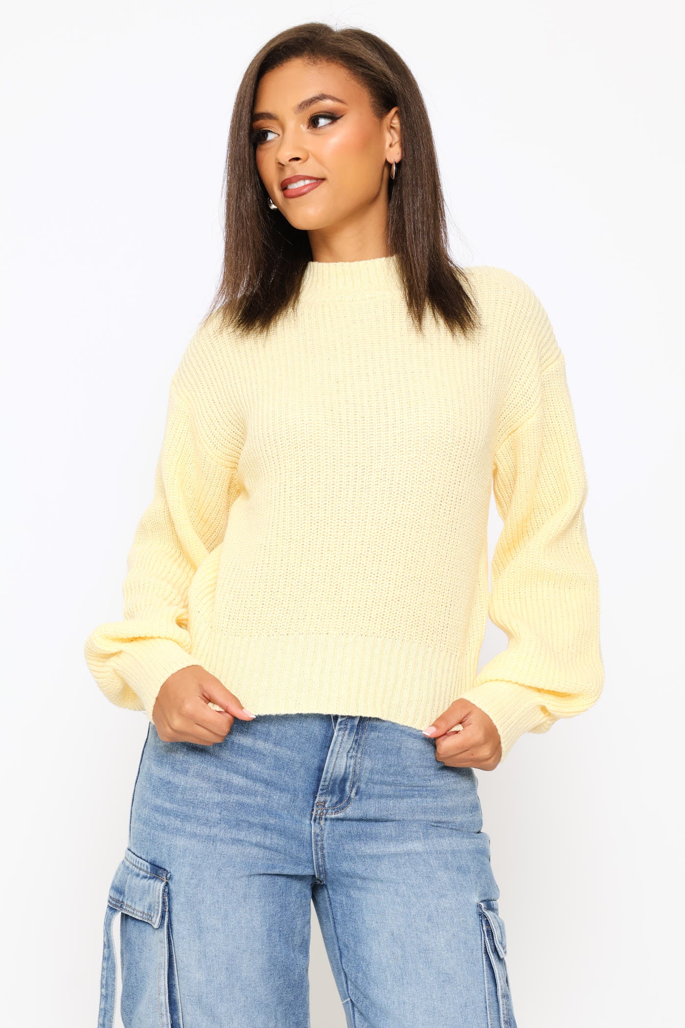 Plain  Knit Turtleneck Pullover - Yellow - Image 4