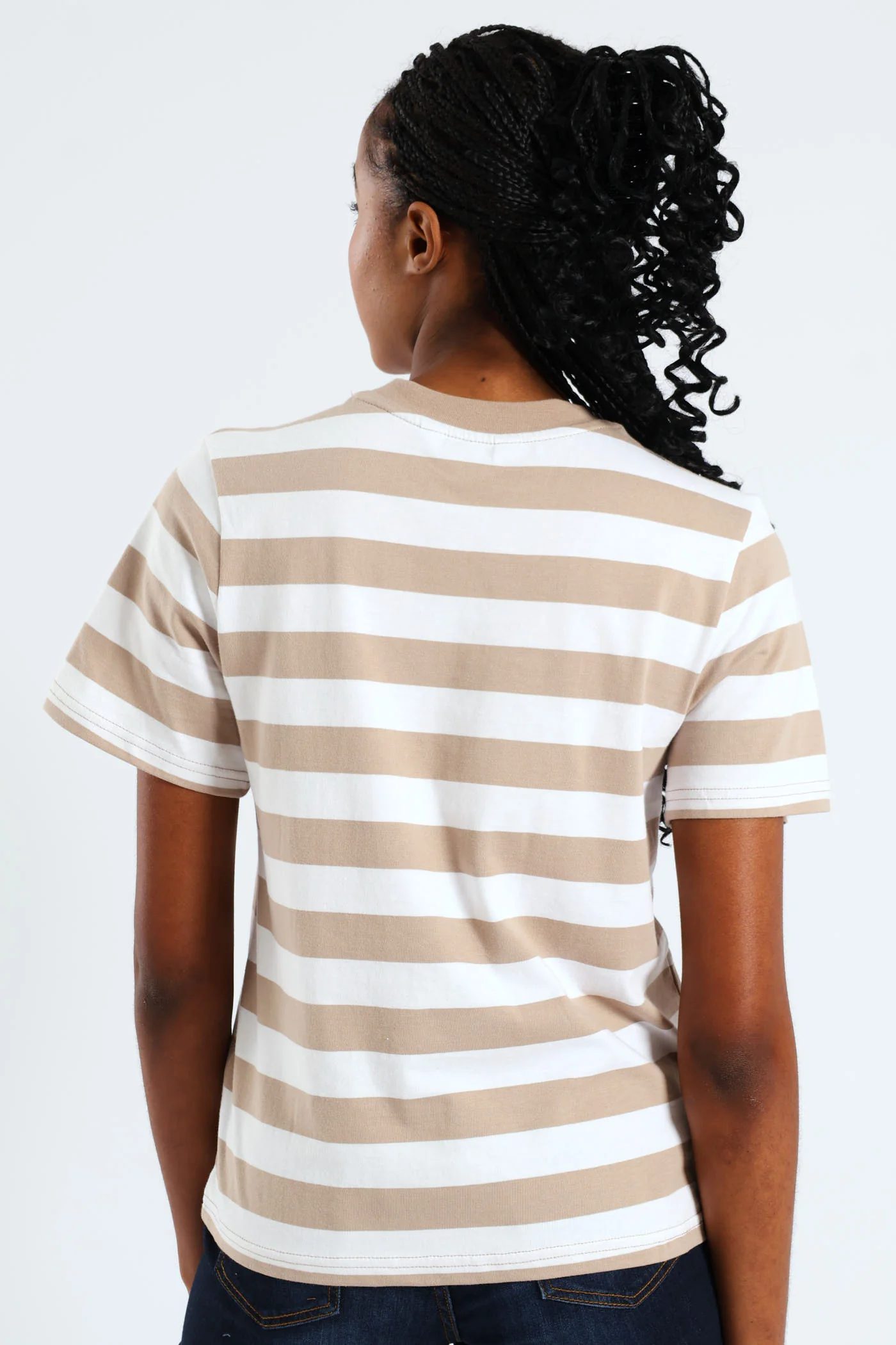 Plain Rib Neck Bold Stripe Boxy Tee - White/Mocha - Image 3