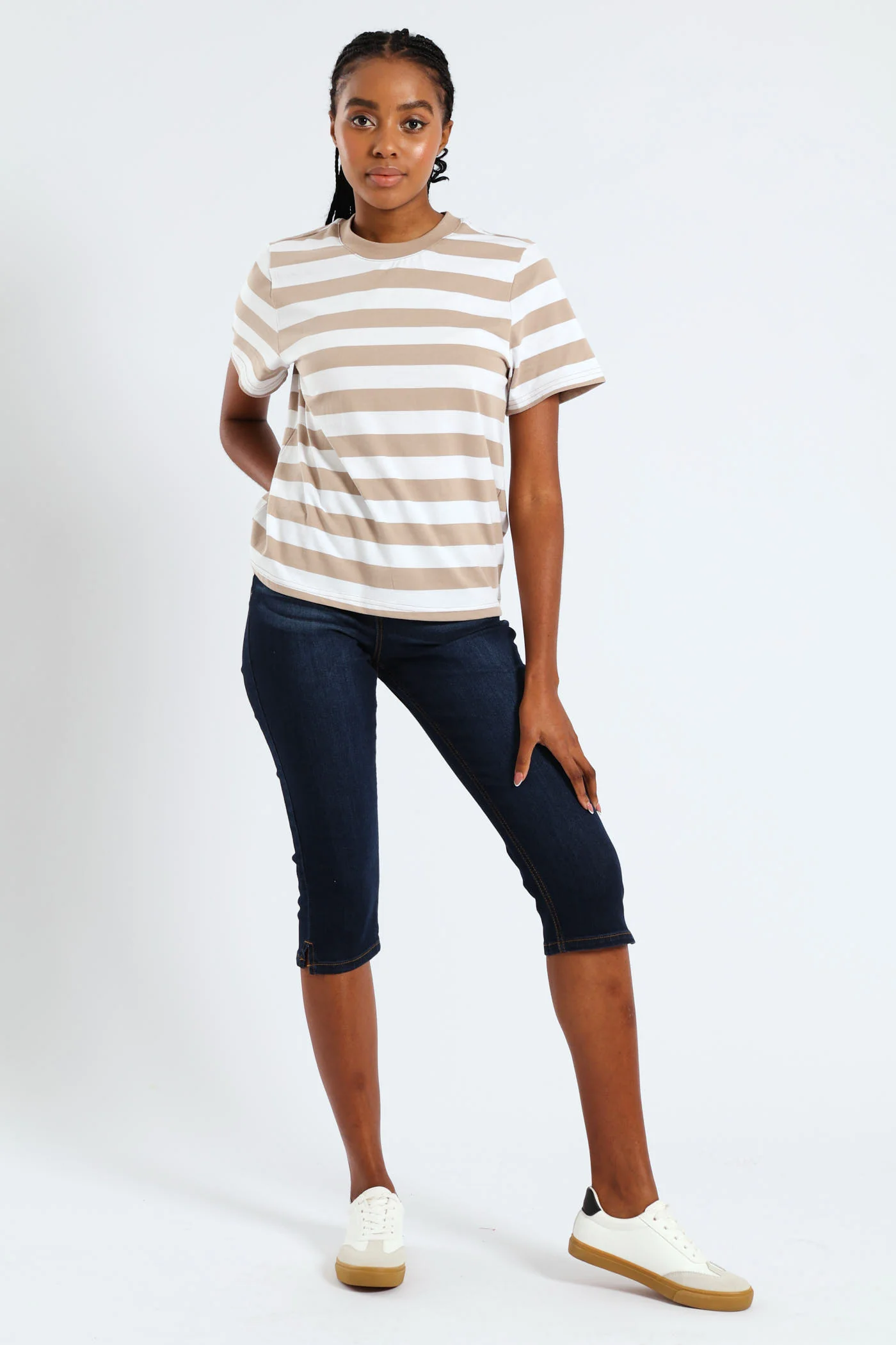 Plain Rib Neck Bold Stripe Boxy Tee - White/Mocha - Image 5