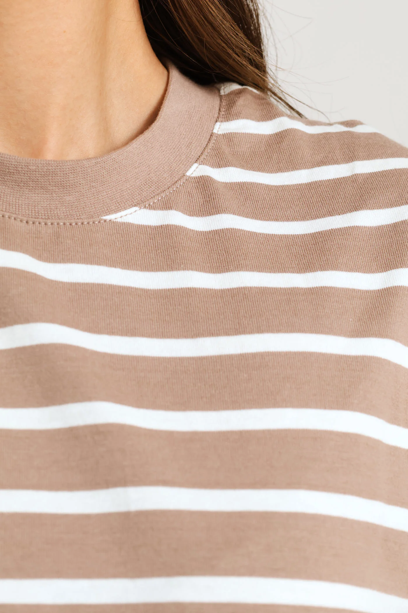Plain Rib Neck Skinny Stripe Boxy Tee - Taupe/Cream - Image 2
