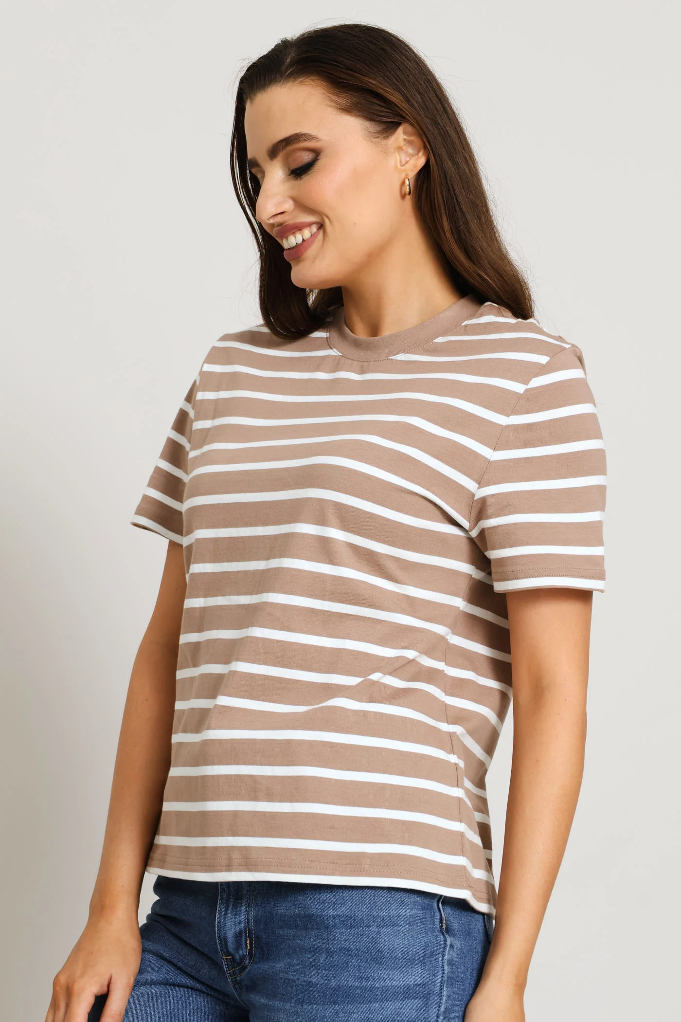 Plain Rib Neck Skinny Stripe Boxy Tee - Taupe/Cream - Image 3