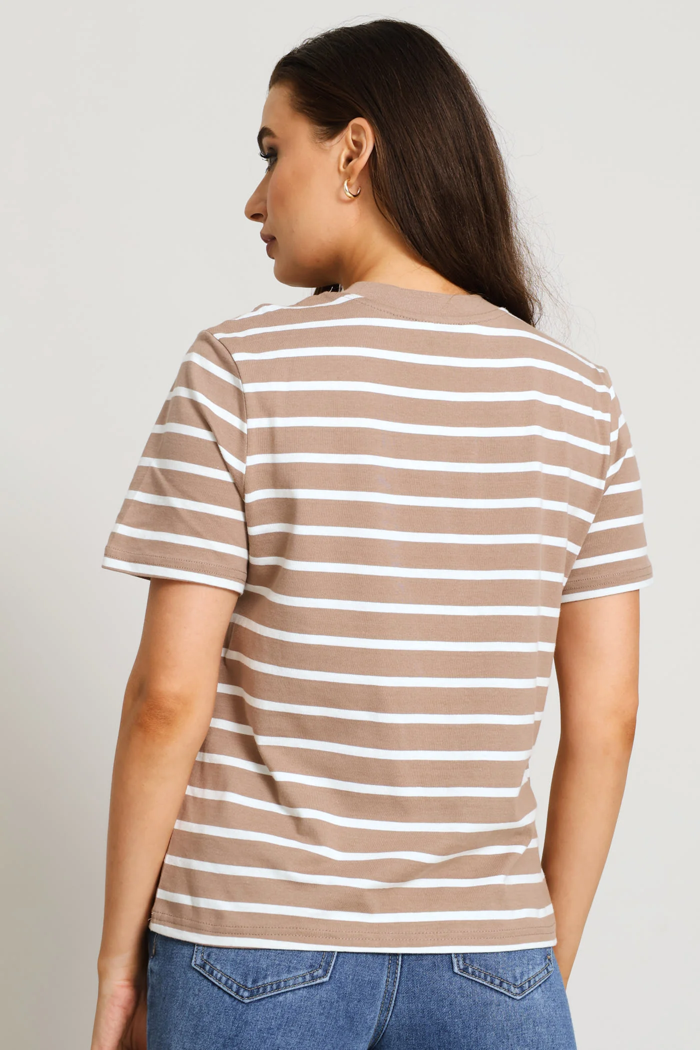 Plain Rib Neck Skinny Stripe Boxy Tee - Taupe/Cream - Image 4