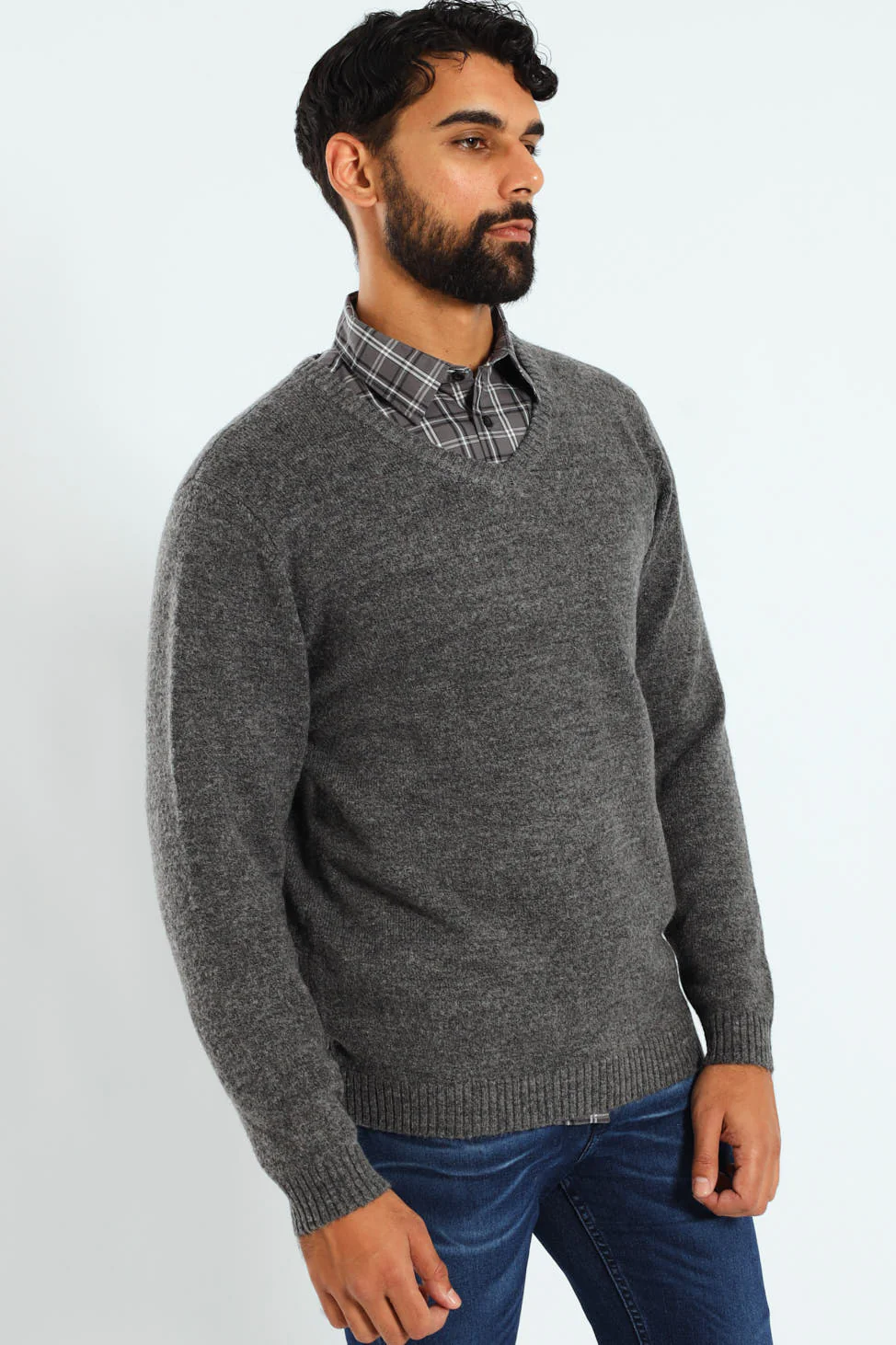 Plain V-Neck Knitwear - Charcoal Melange - Image 2