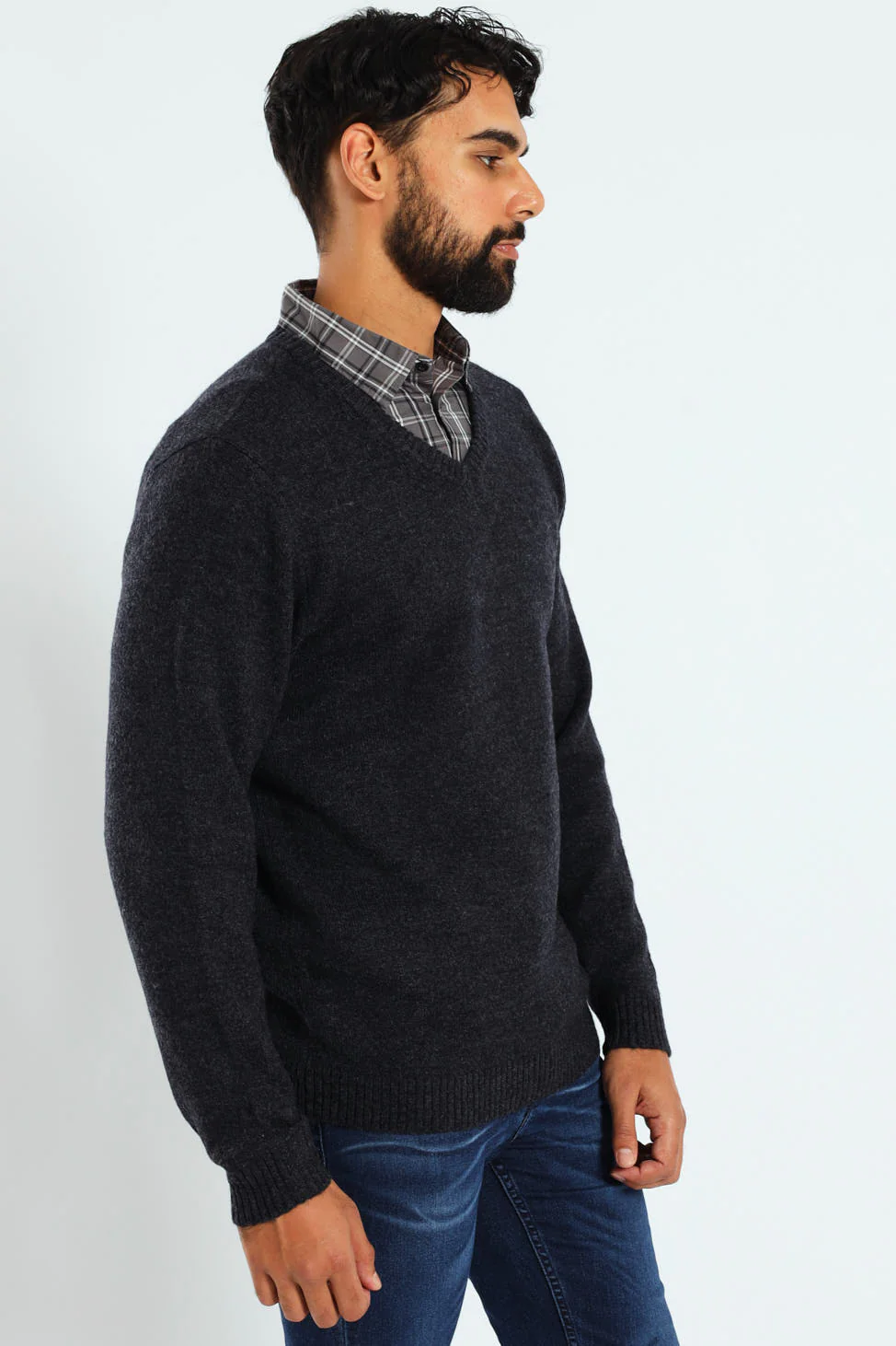 Plain V-Neck Knitwear - Navy - Image 2