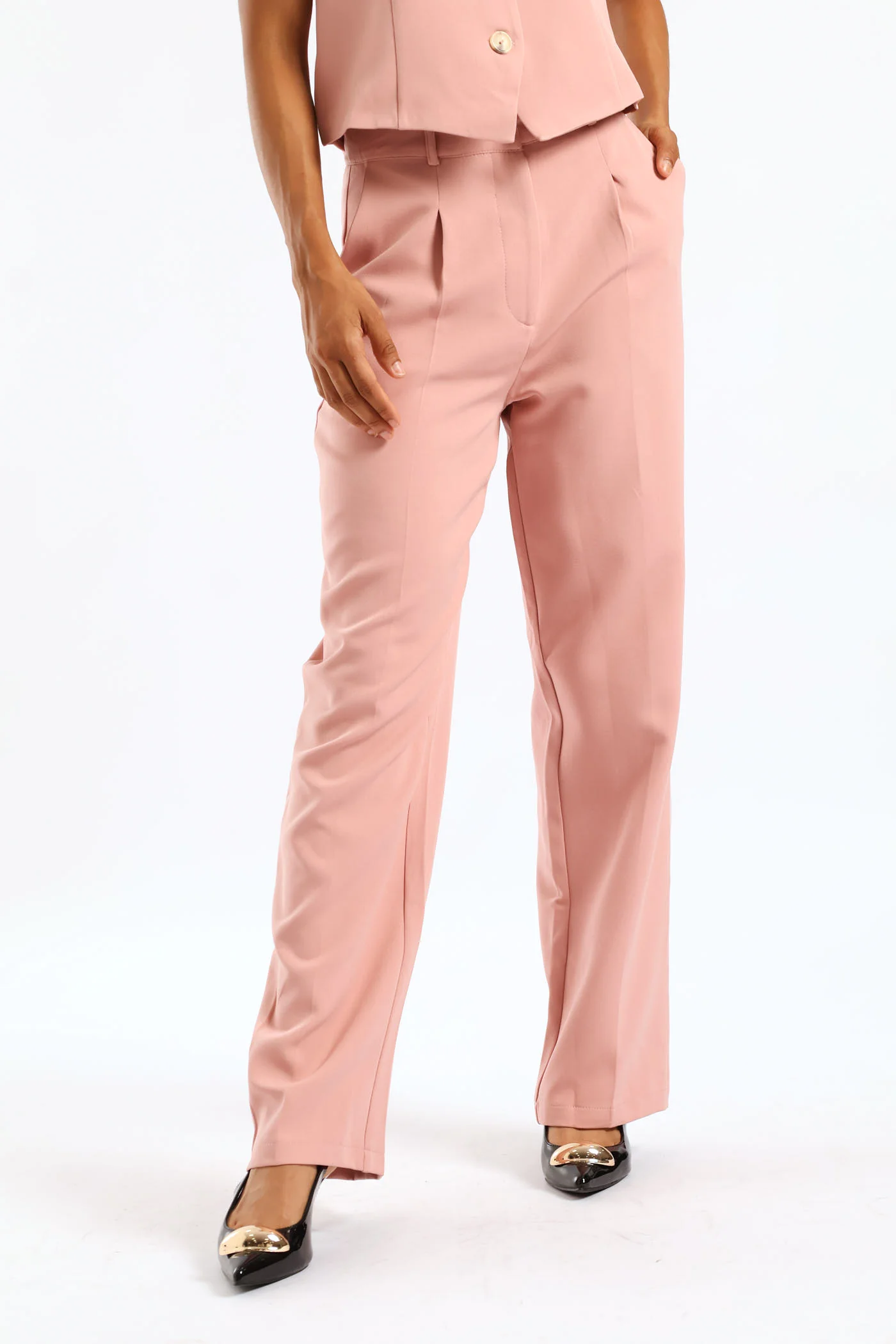 Pleat Button Straight Leg Pant - Pink - Image 4