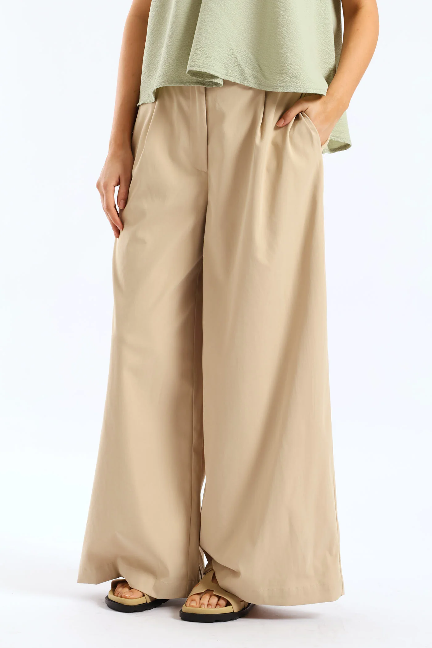 Pleat Detail Chino Palazzo Trouser - Light Stone - Image 4