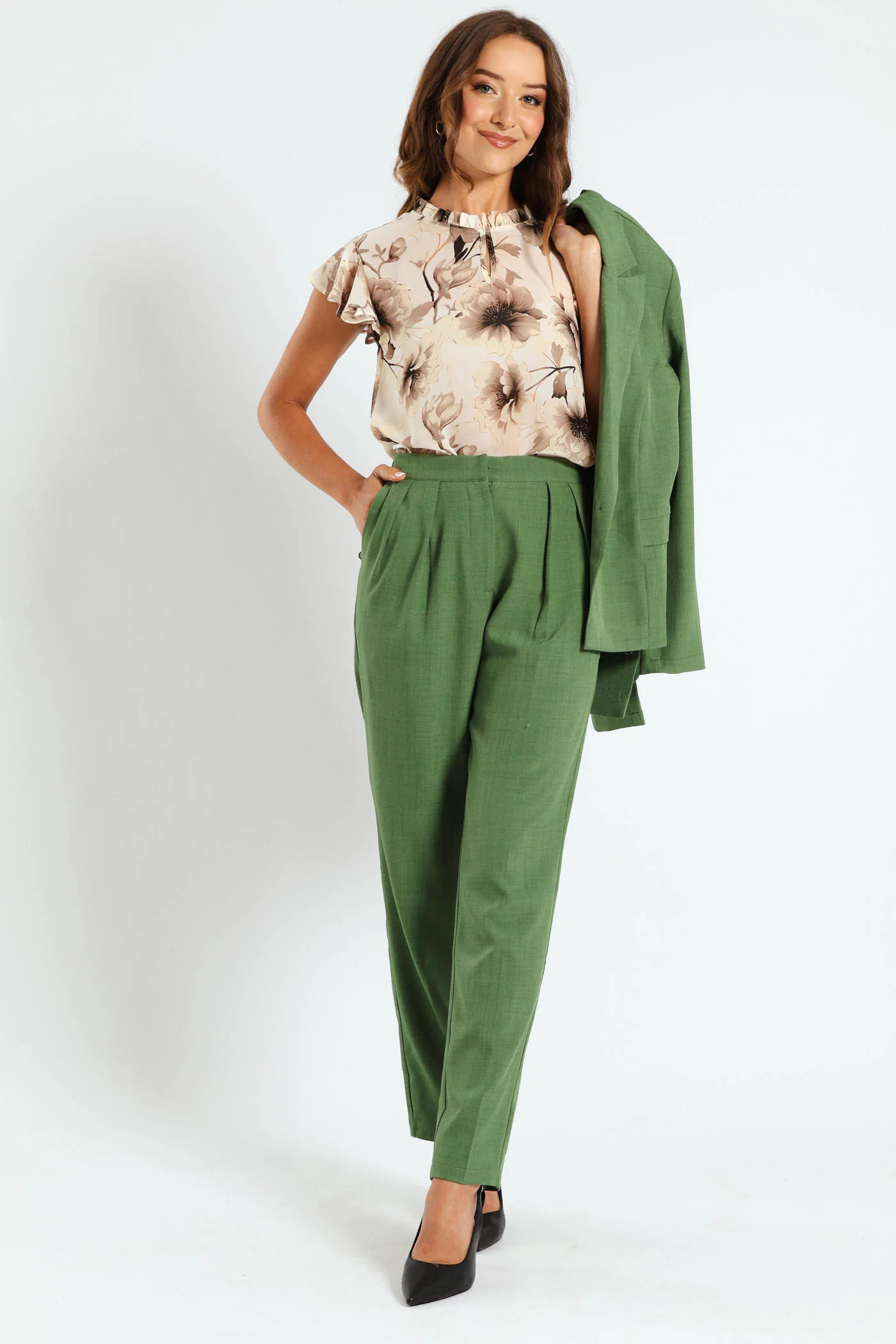 Pleat Detail Tapered Leg Melange Look Pant - Image 4