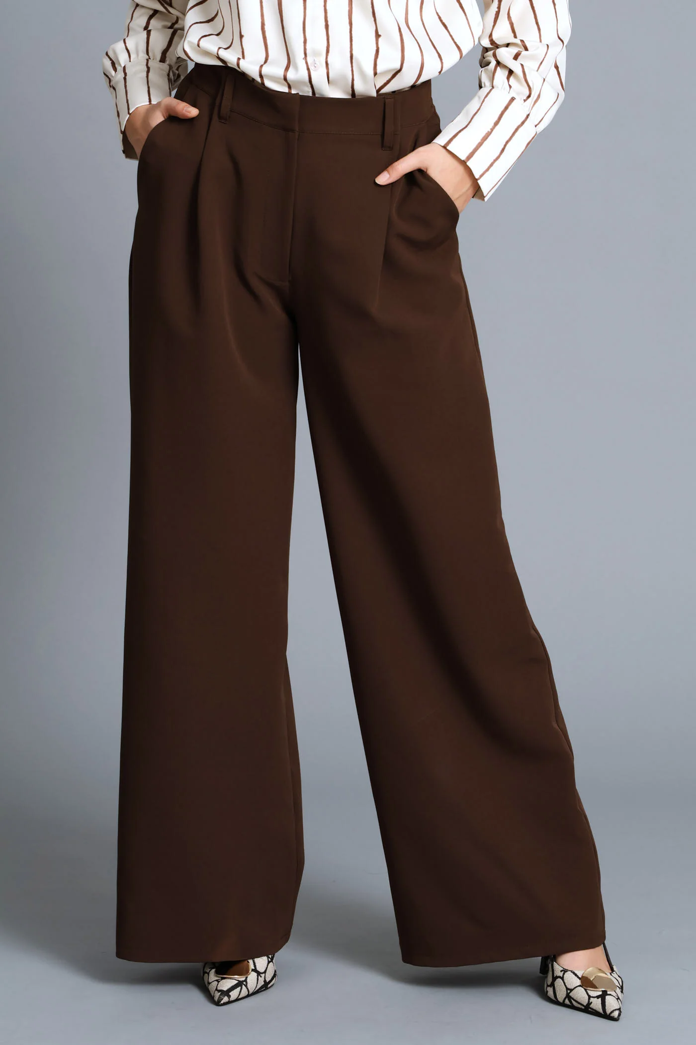 Pleat Fold Wide Leg Pant - Chocolate - Image 2