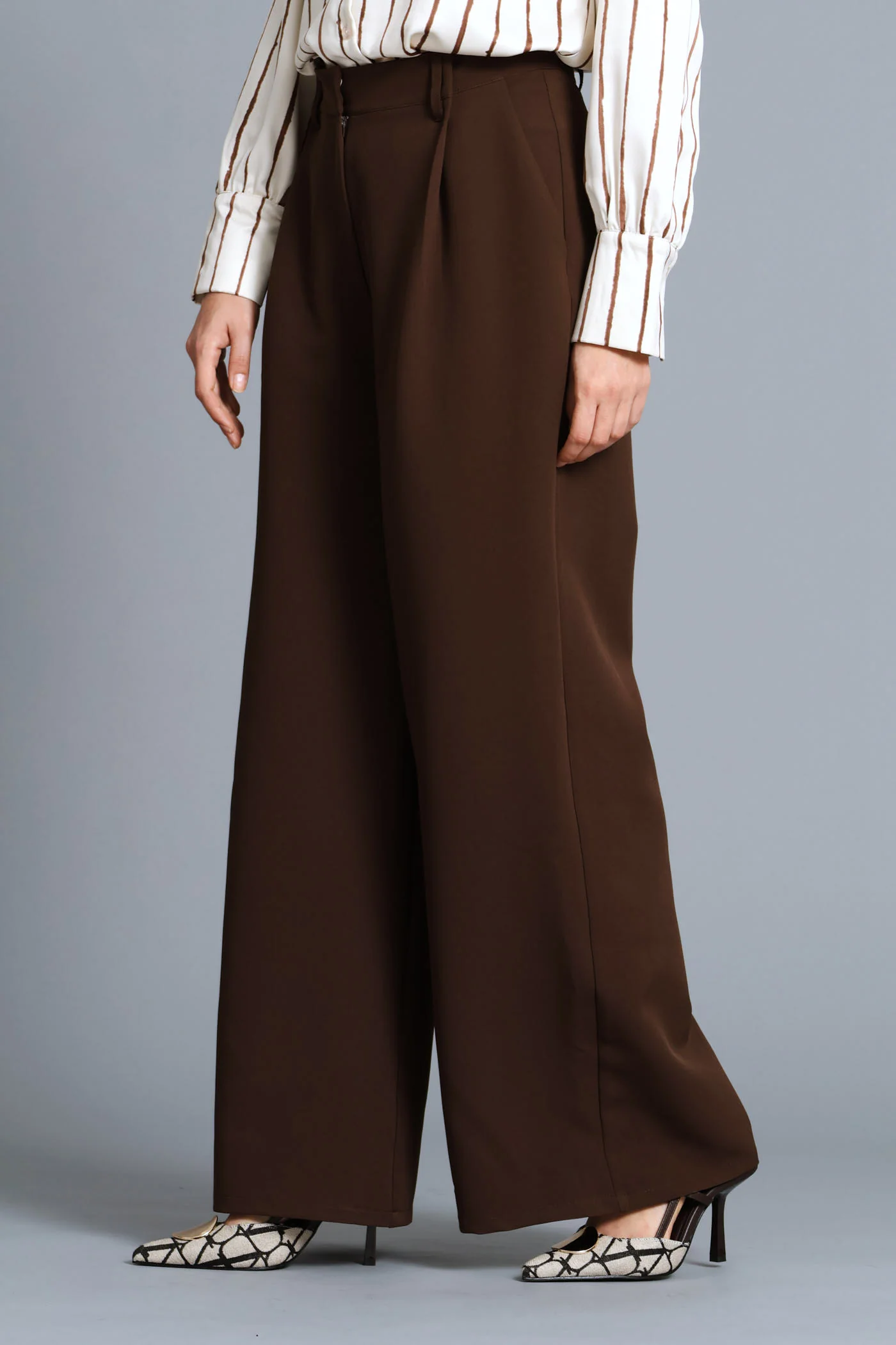 Pleat Fold Wide Leg Pant - Chocolate - Image 4